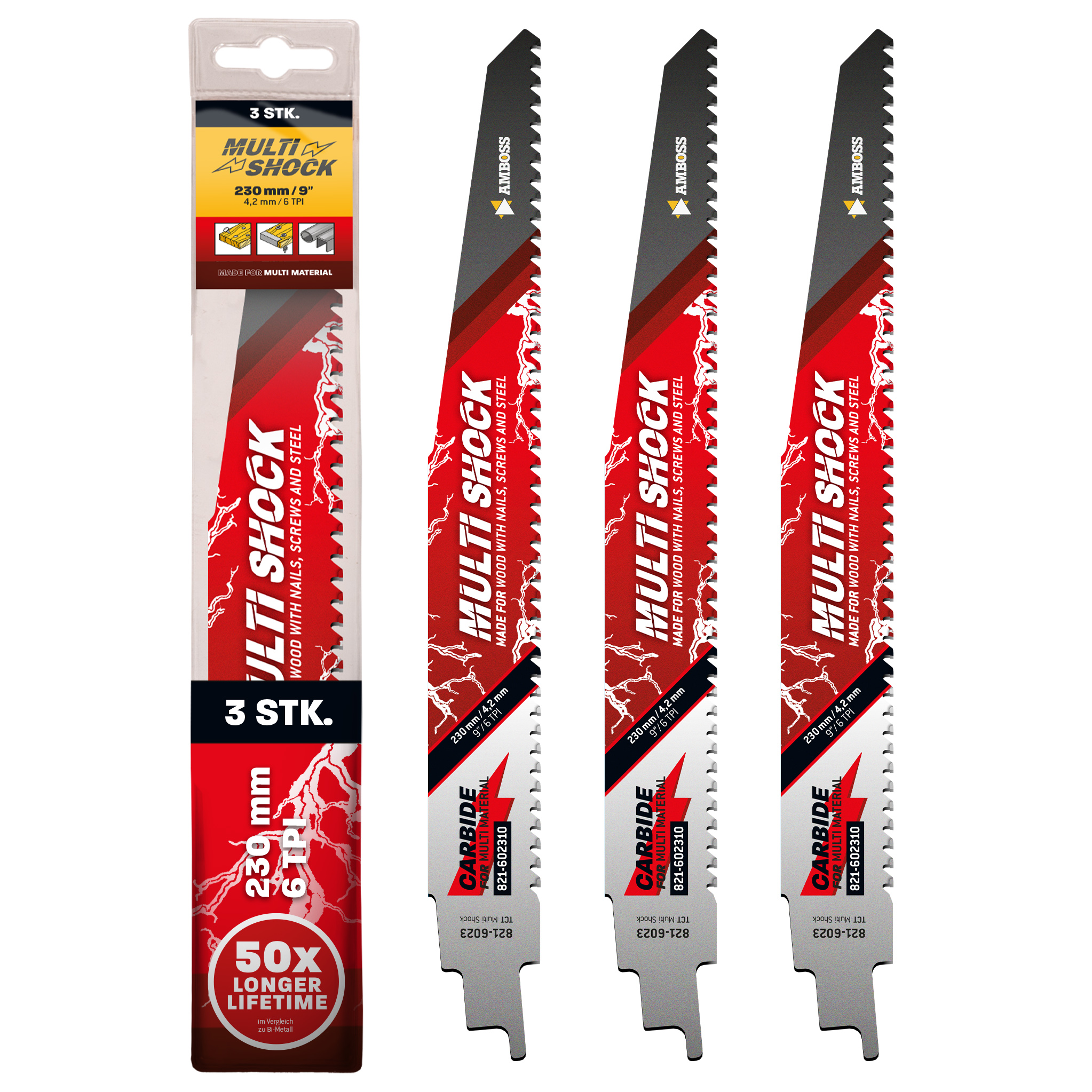 3x Amboss Multi Shock Säbelsägeblatt Länge 230 mm