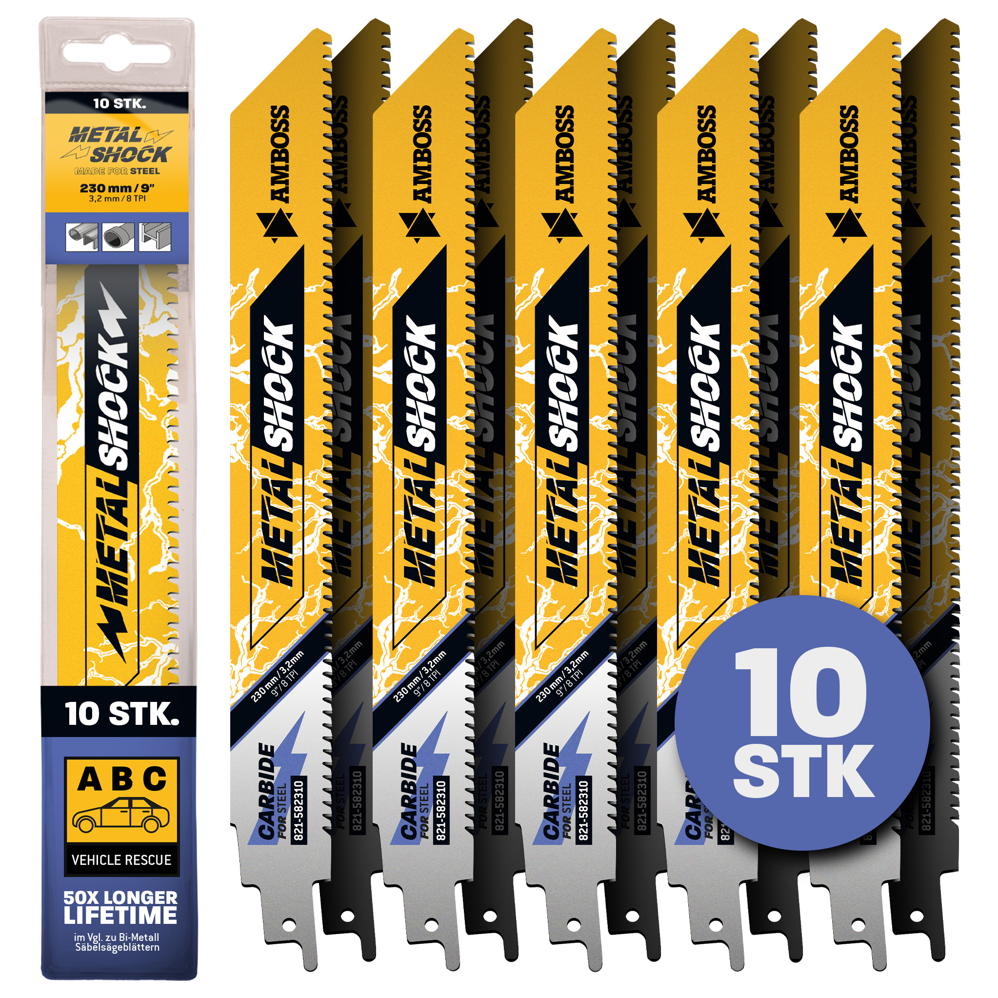 10x Amboss Metal Shock Säbelsägeblatt Länge 230 mm