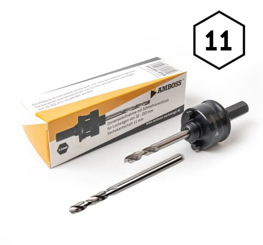 6-Kant Aufnahme 11mm - für Ø 32-210mm inkl. HSS + HSS Cobalt Zentrierbohrer