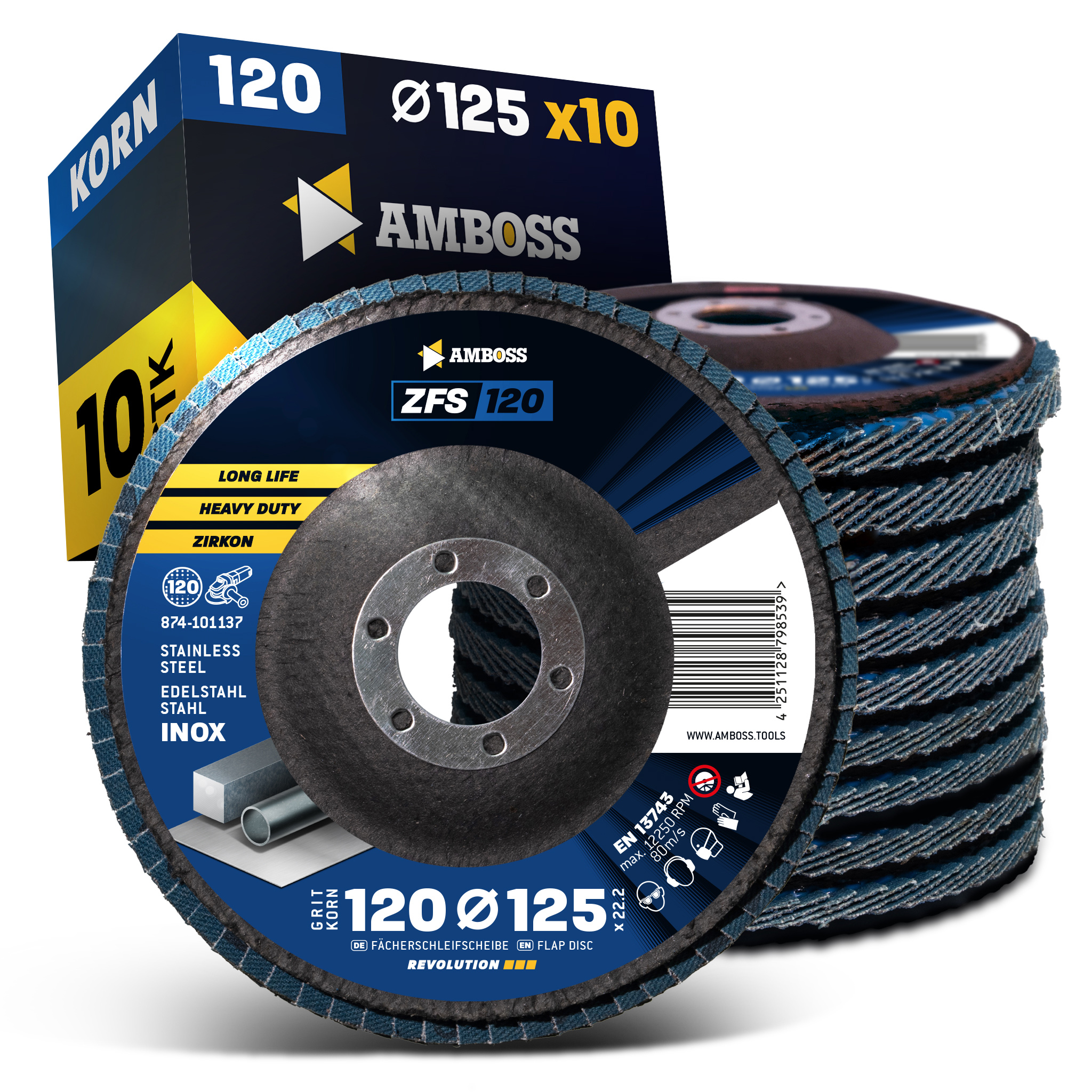10x Amboss Fächerschleifscheibe Korn:120 Ø125mm