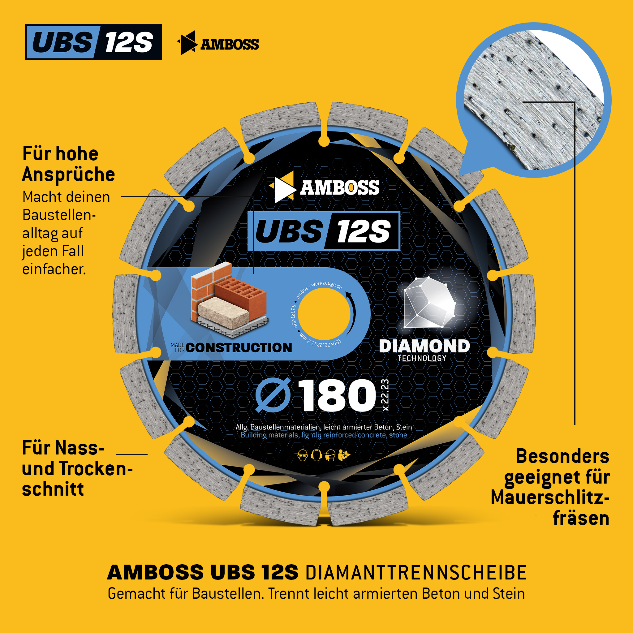 Amboss UBS 12S Diamant Trennscheiben Set für Mauerschlitzfräse (2 Stück) - 180 x 2.2 x 30