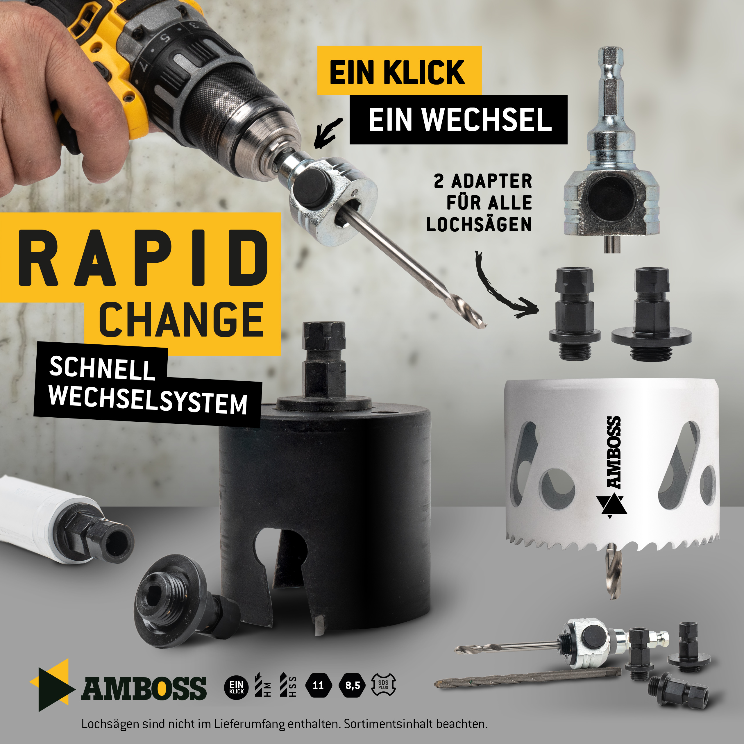 Schnellwechselaufnahme (komplett) 6kant Schaft Ø8,5 mm-inkl. HSS Zentrierbohrer und Adapter (2x klein / 3x groß)