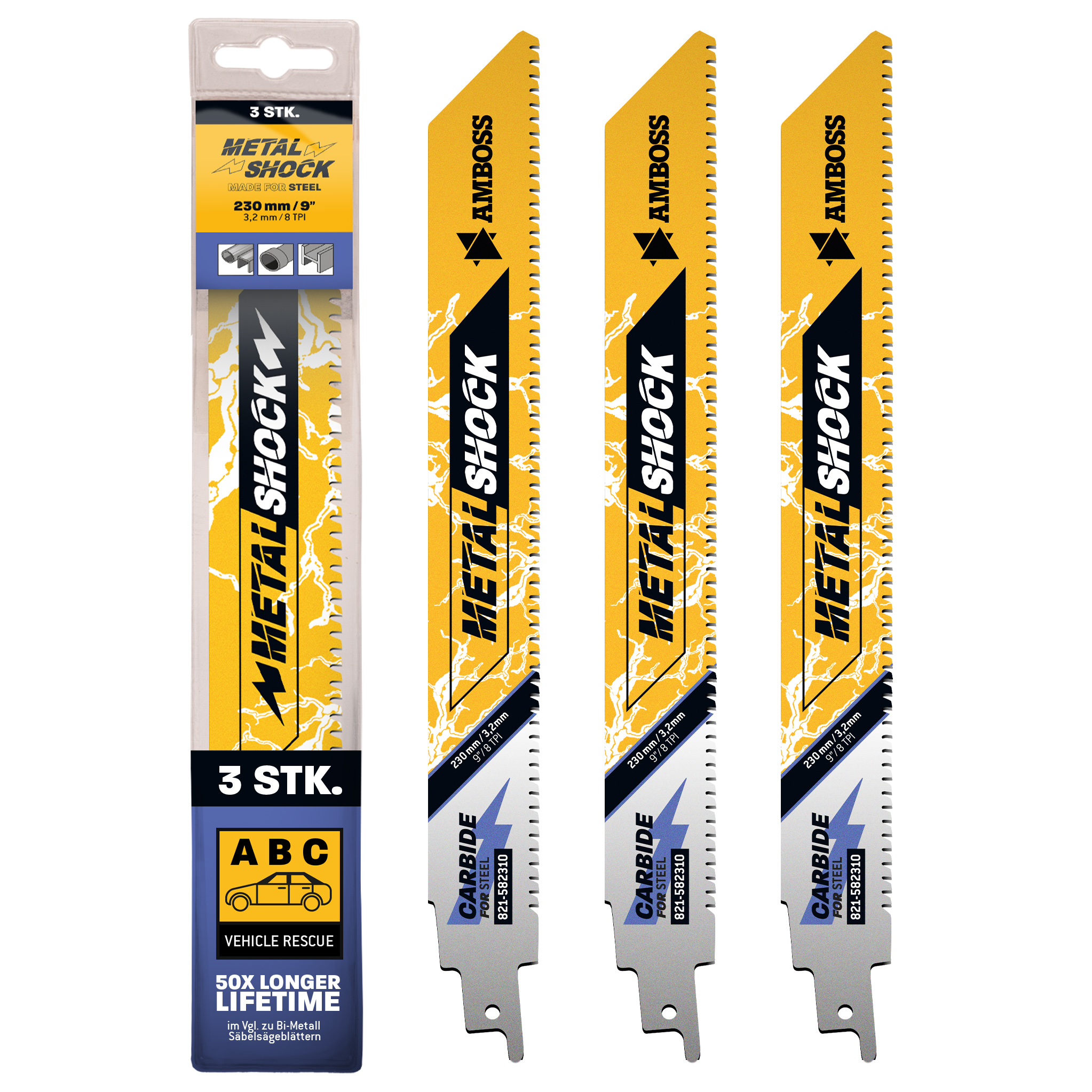 3x Amboss Metal Shock Säbelsägeblatt Länge 230 mm