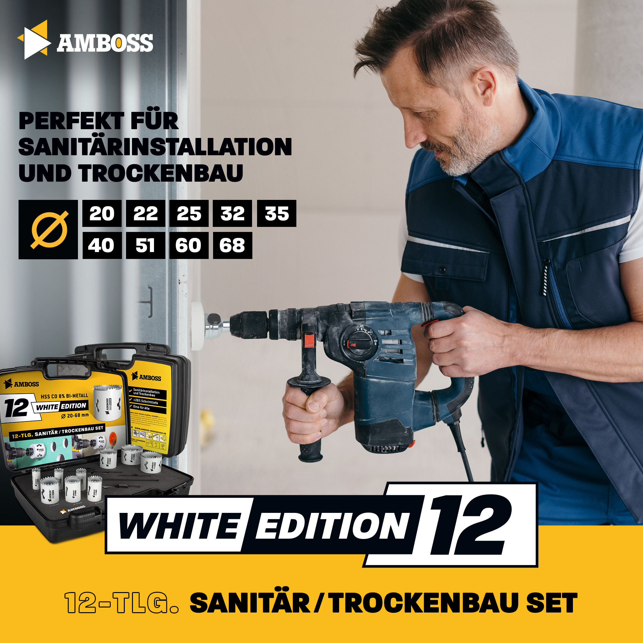 Amboss M42 BiMetall Lochsägen Set White Edition 12 - 12tlg. Ø20 bis 68 mm