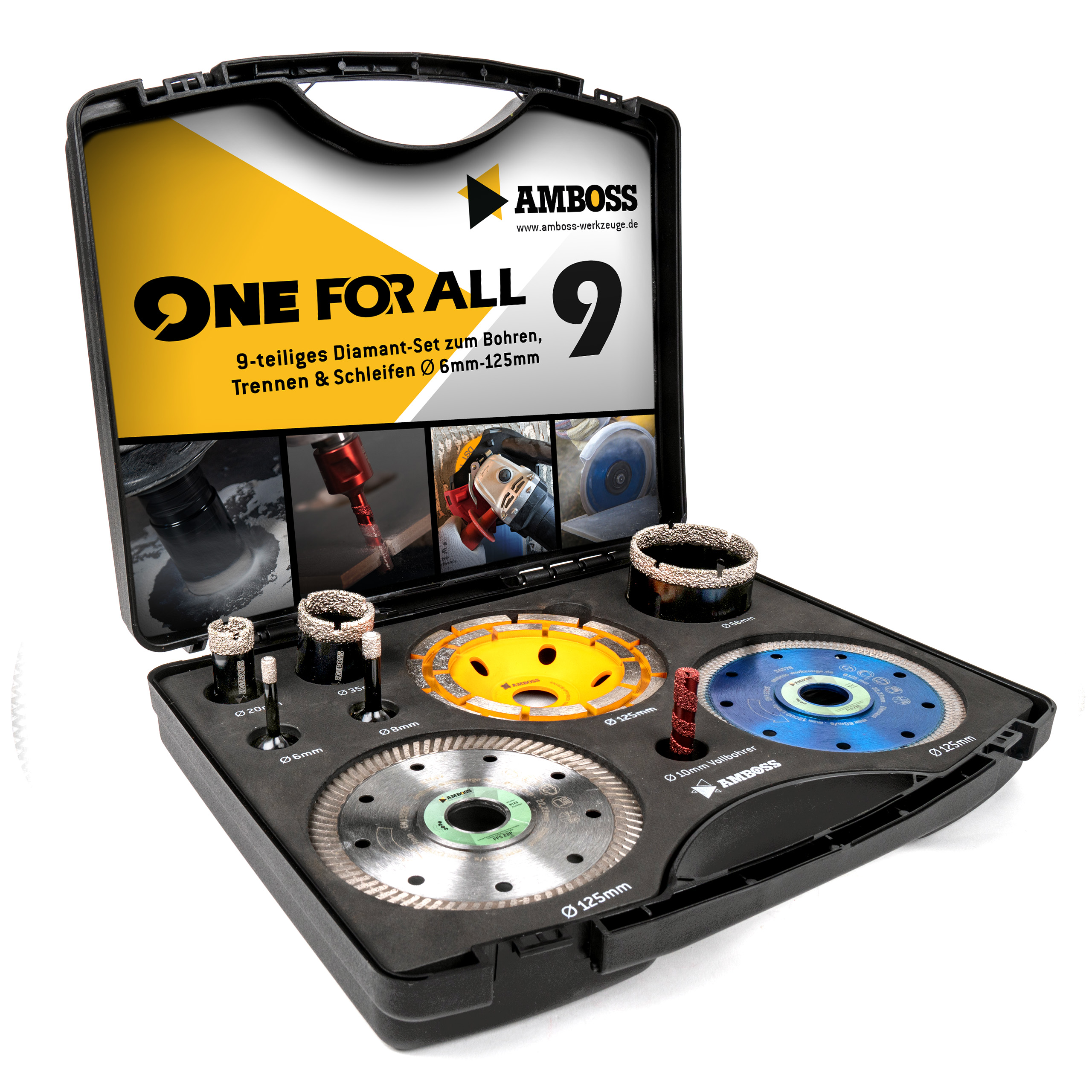 Amboss One For All Set 9 - Diamant-Lochsägen, Diamant-Trennscheiben und Diamant-Schleiftopf Ø 6-125 mm