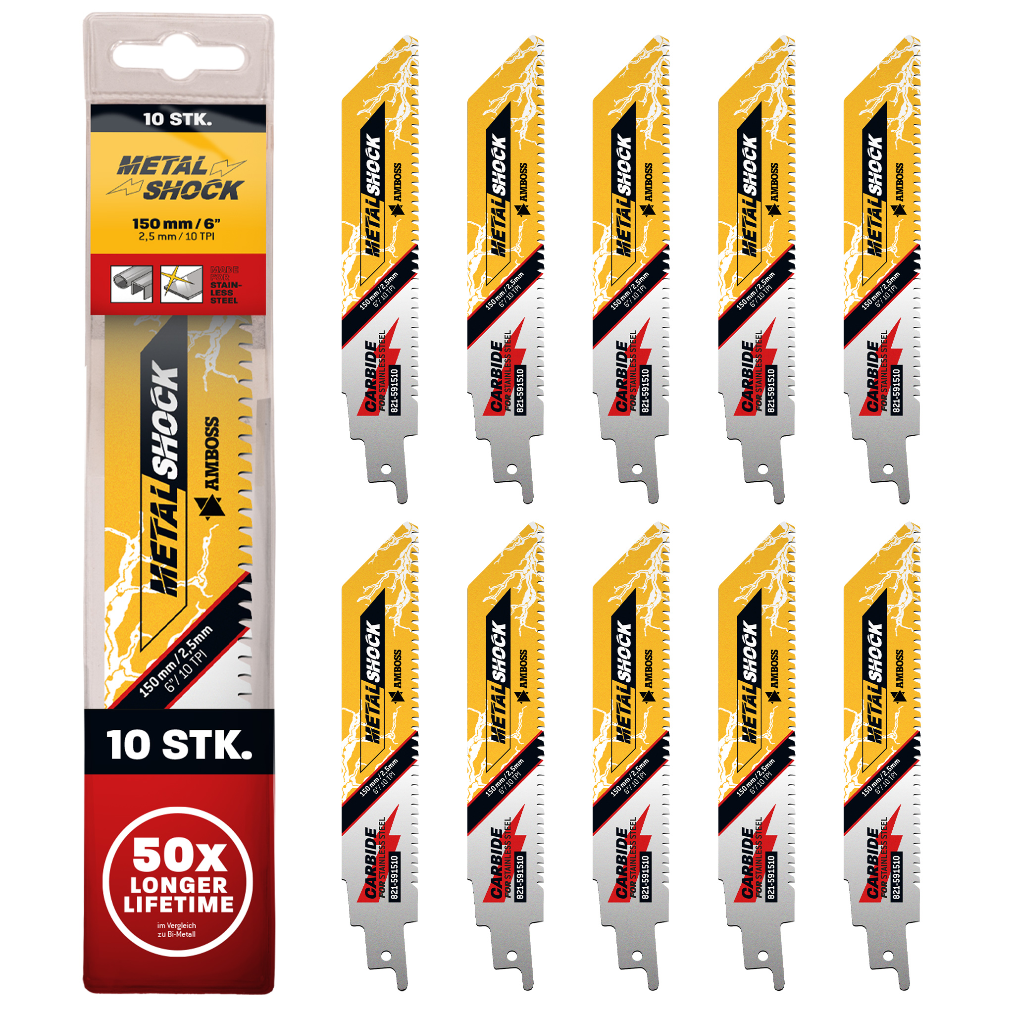 10x Amboss Metal Shock Säbelsägeblatt Länge 150 mm