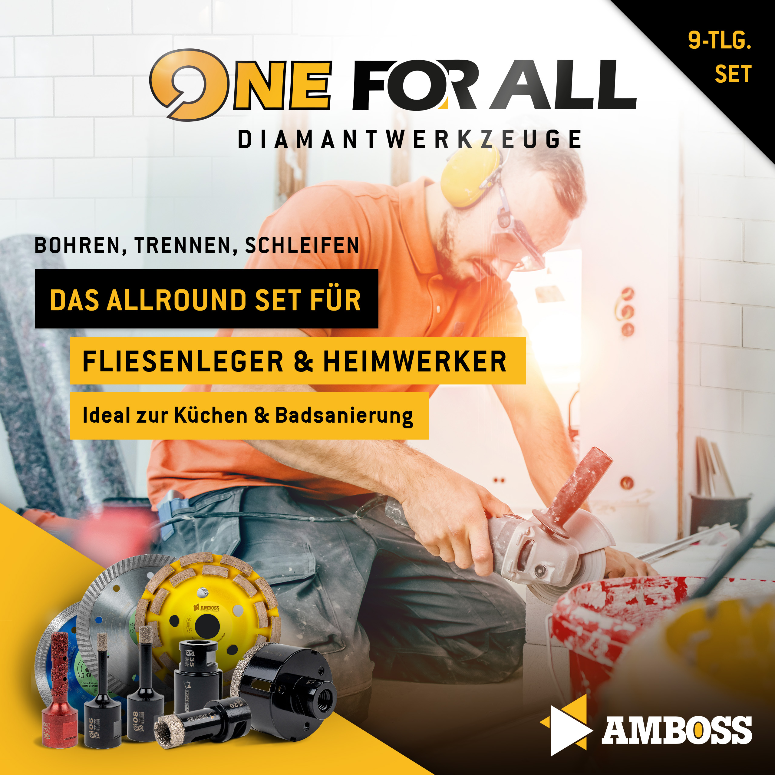Amboss One For All Set 9 - Diamant-Lochsägen, Diamant-Trennscheiben und Diamant-Schleiftopf Ø 6-125 mm