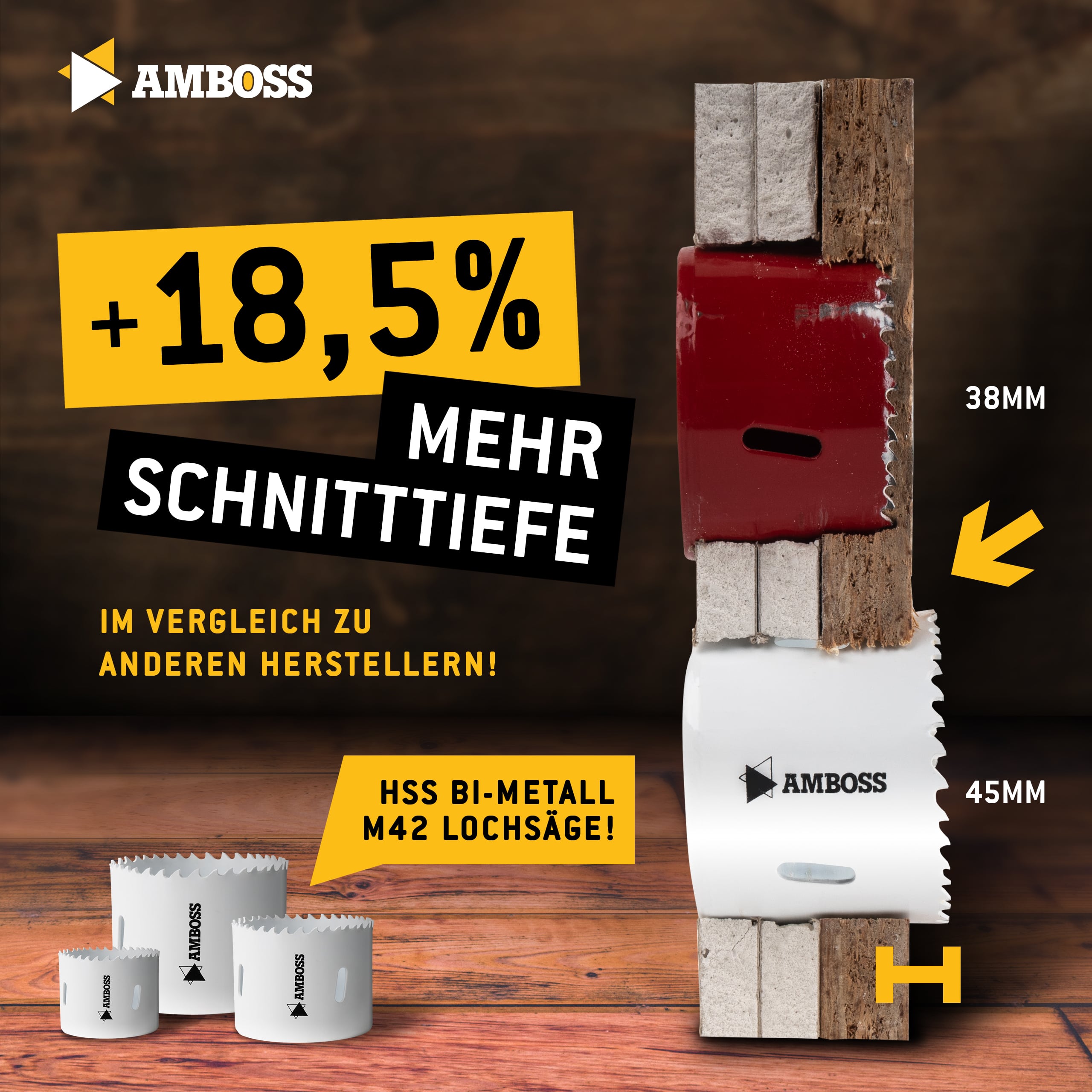Amboss Lochsägen Sortiment Power Edition 8 - HSS M42 inkl. Rapid Change-System (8 teilig) Ø 22,29,35,44,51,68 mm