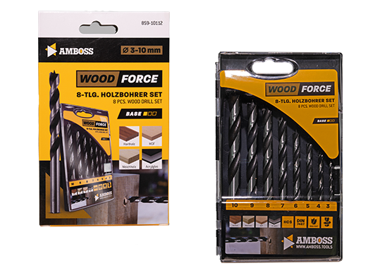 8-tlg. HCS-G Holzbohrer-Set Wood Force - 3.4.5.6.7.8.9.10 mm - geschliffener HSS-Holzspiralbohrer