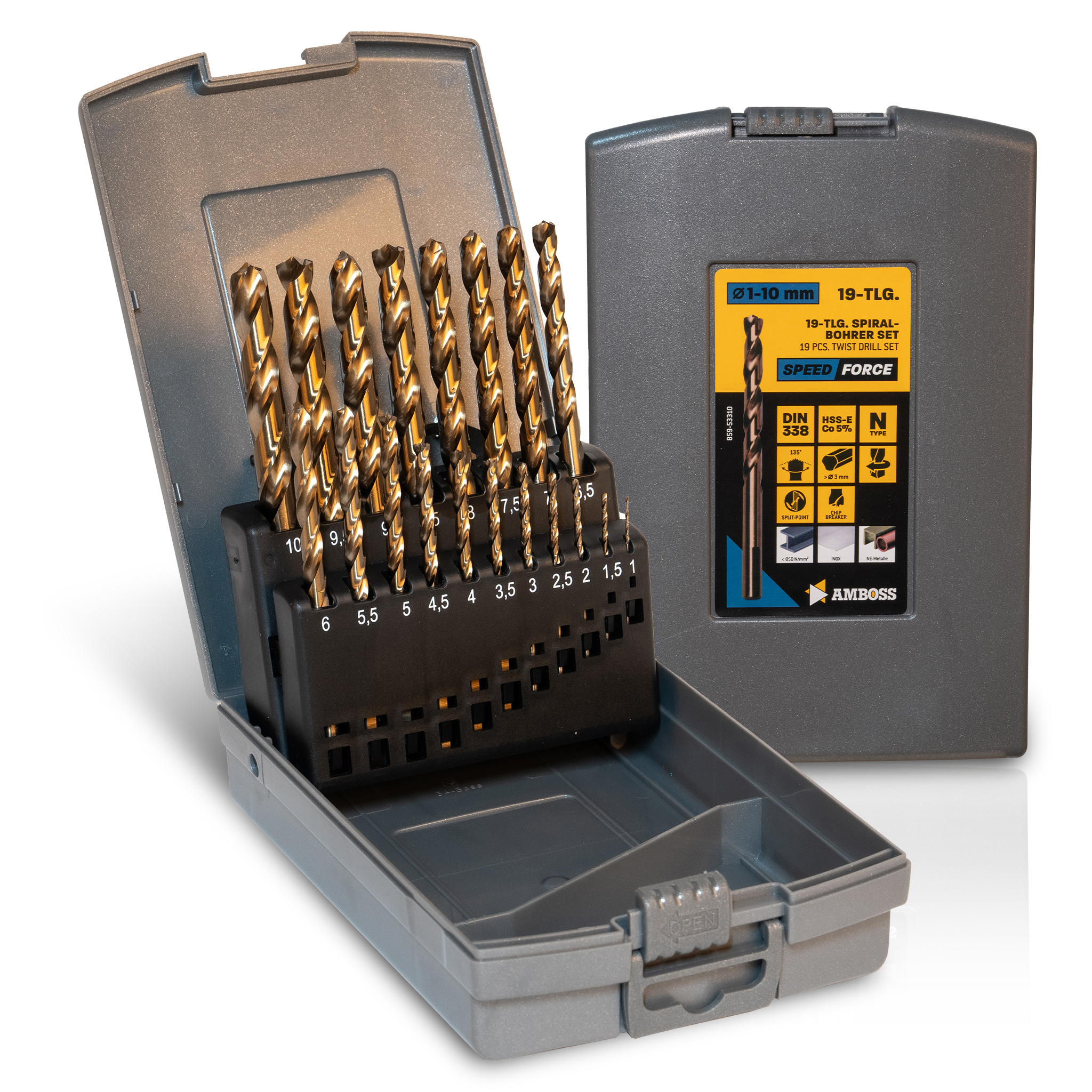 19-tlg. Speed Force Set Spiralbohrer HSS-E Co5 % DIN 338 (Ø 1-10 mm)
