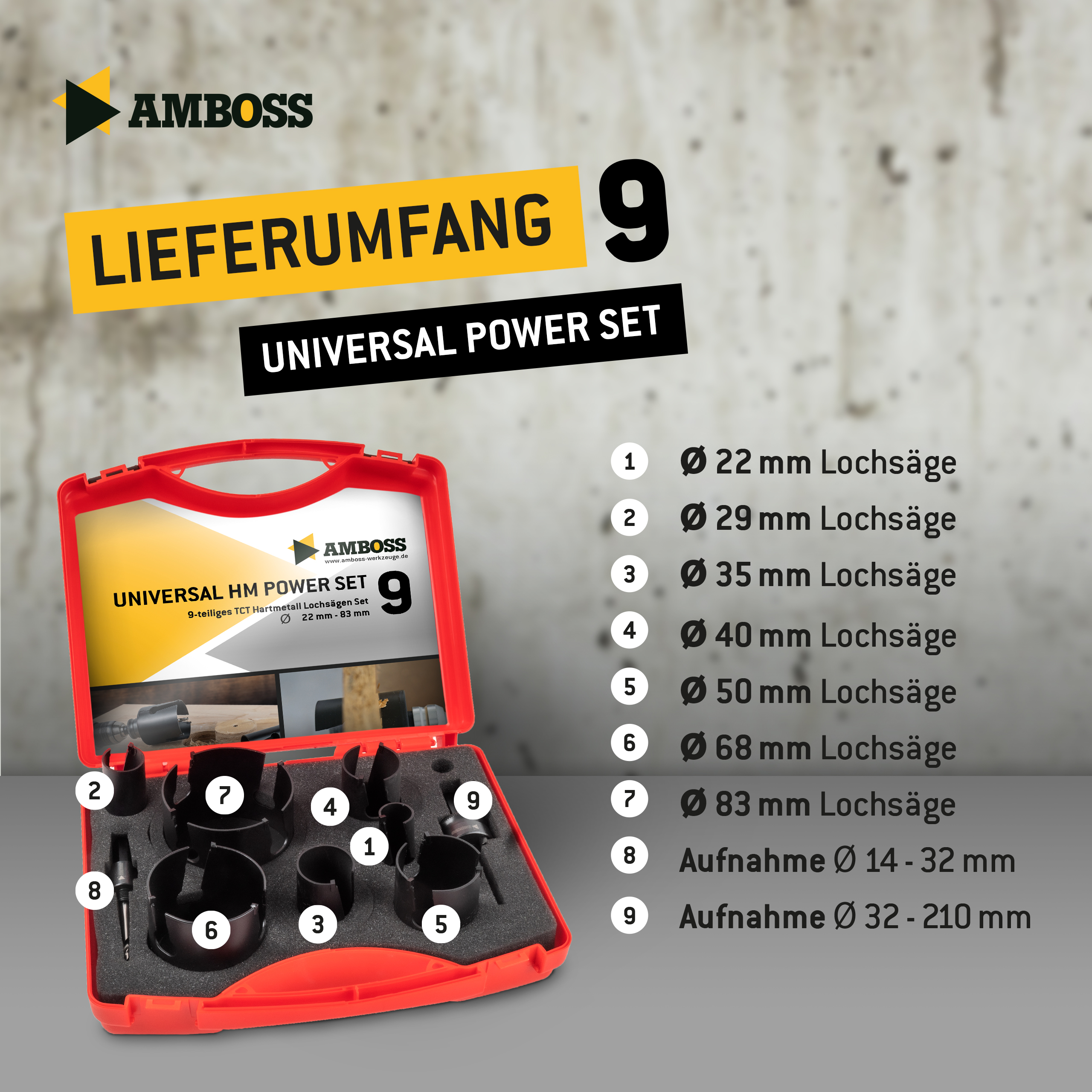 Amboss HM Lochsägen Set Universal HM Power Set 9 - TCT Power Set-9tlg. Ø 22 bis 83 mm