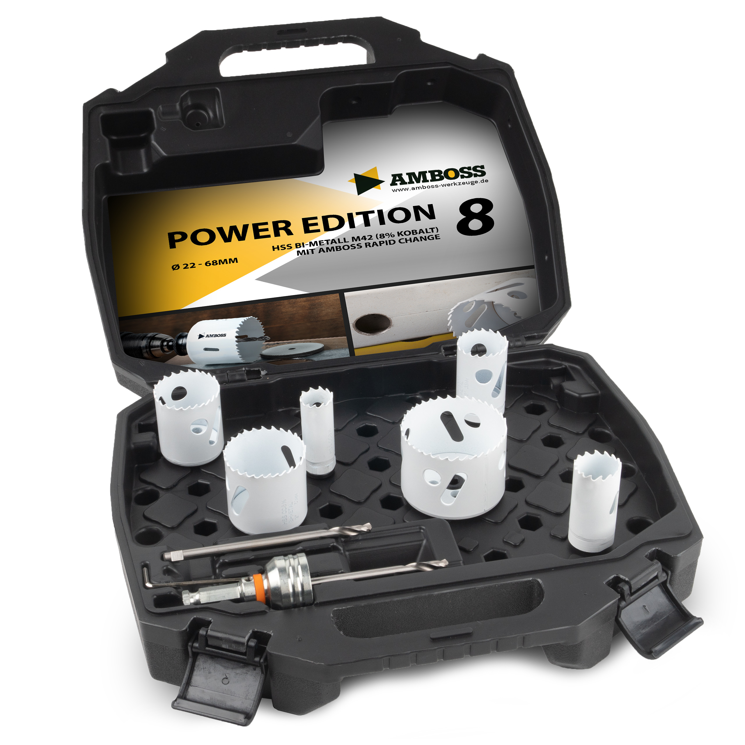 Amboss Lochsägen Sortiment Power Edition 8 - HSS M42 inkl. Rapid Change-System (8 teilig) Ø 22,29,35,44,51,68 mm