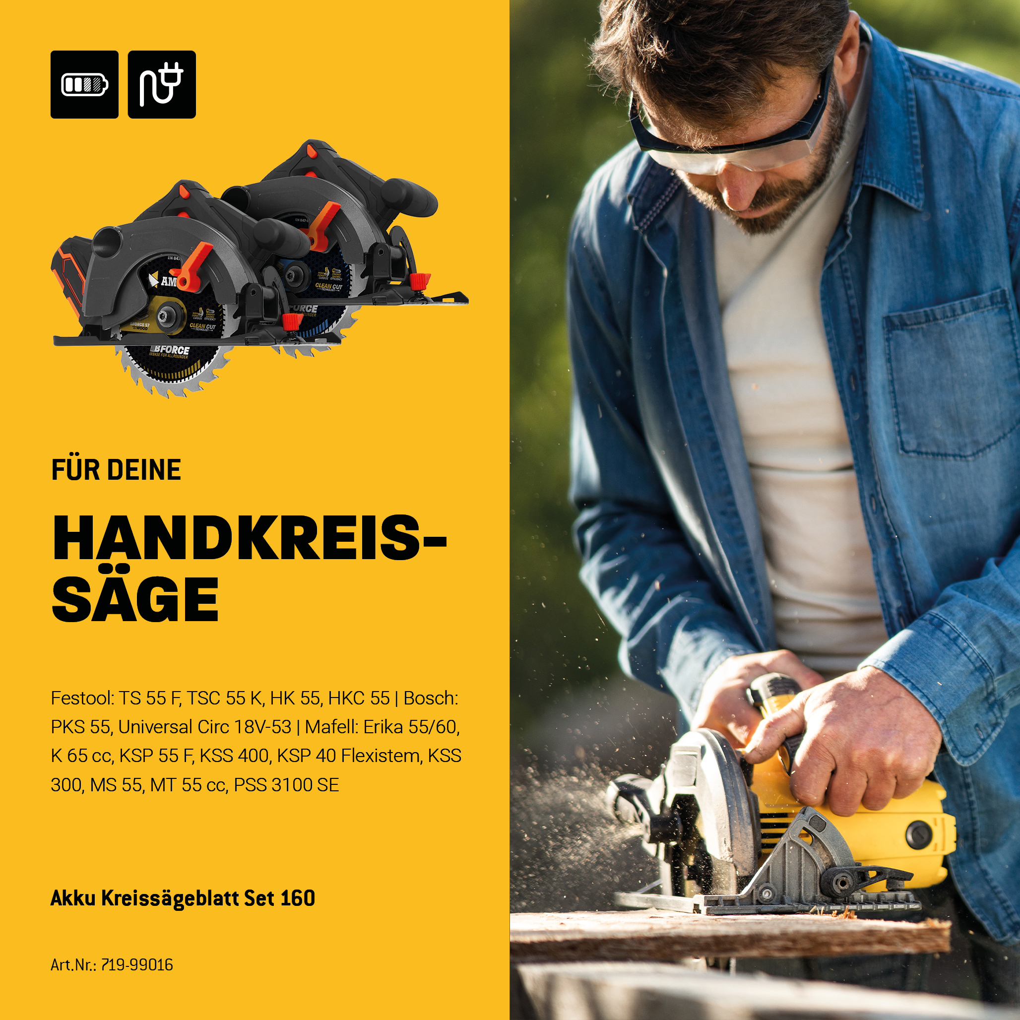 Ø160 Akku Hand- Kreissägeblatt Set passend für Bosch PKS18 Li, Bosch 18V-53, Mafell MS 55 KSP 55 F KSS 400 PSS 3100 SE MT 55 cc