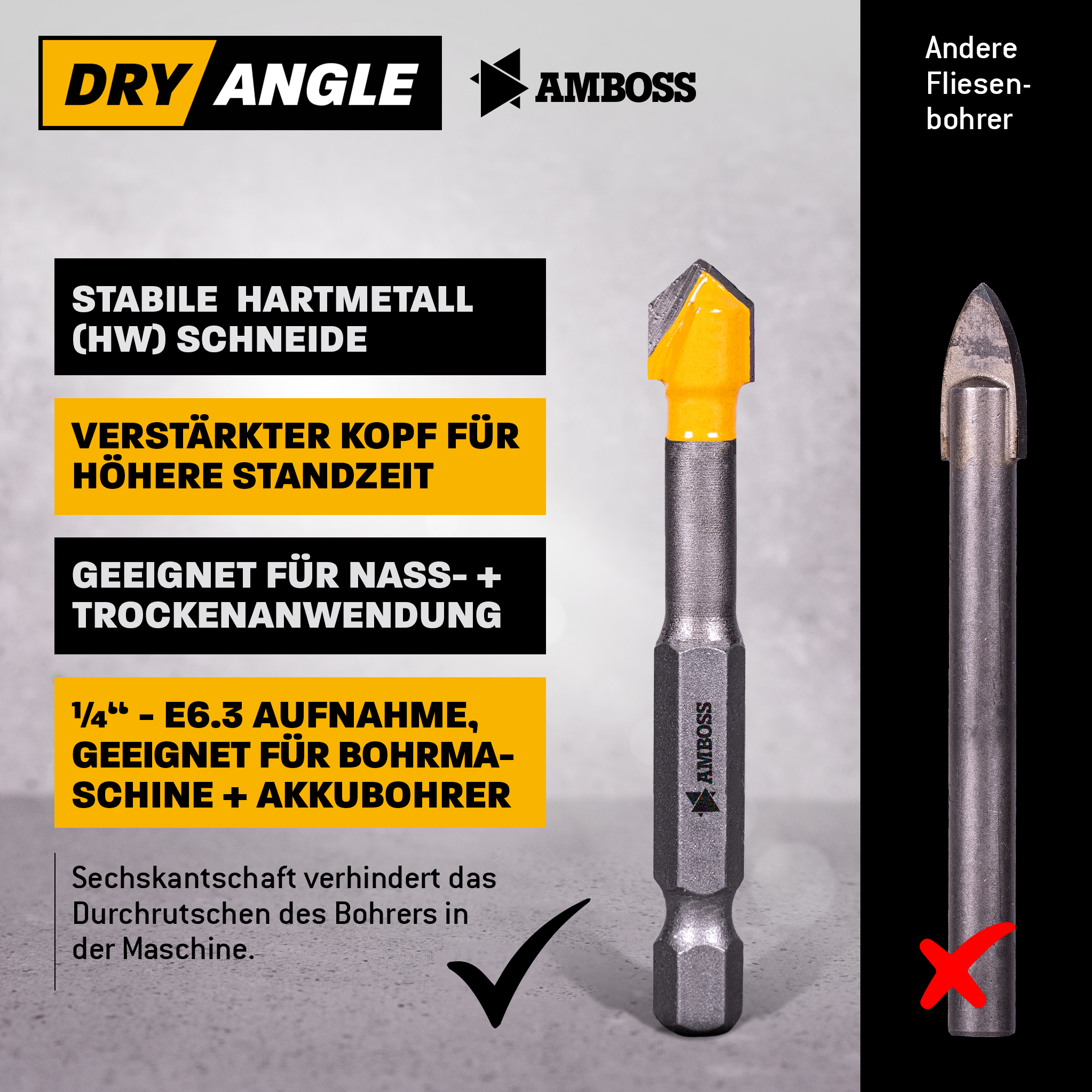Amboss Dry Angle HM Fliesen- und Glasbohrer - Ø 6 mm - GL: 58 mm