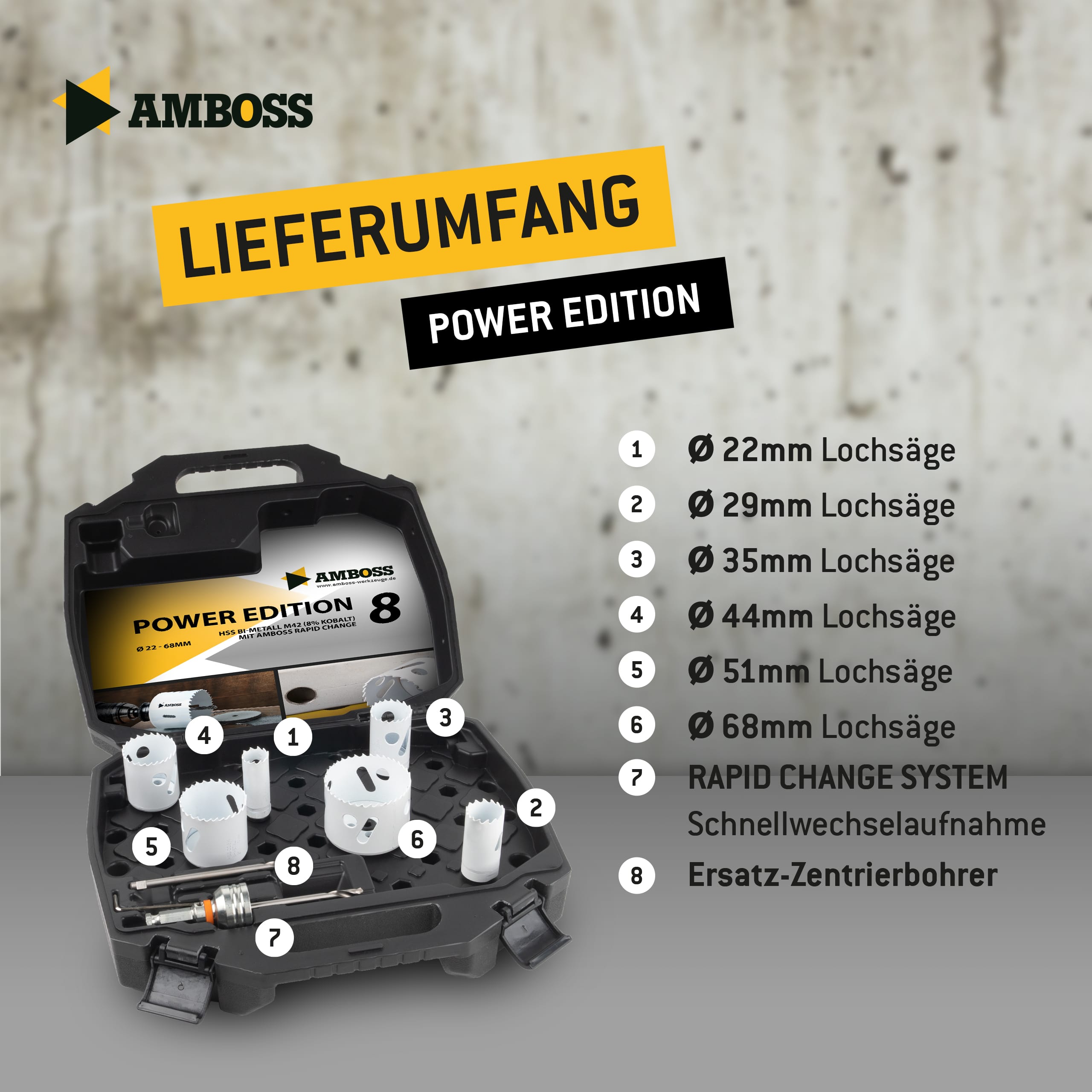 Amboss Lochsägen Sortiment Power Edition 8 - HSS M42 inkl. Rapid Change-System (8 teilig) Ø 22,29,35,44,51,68 mm