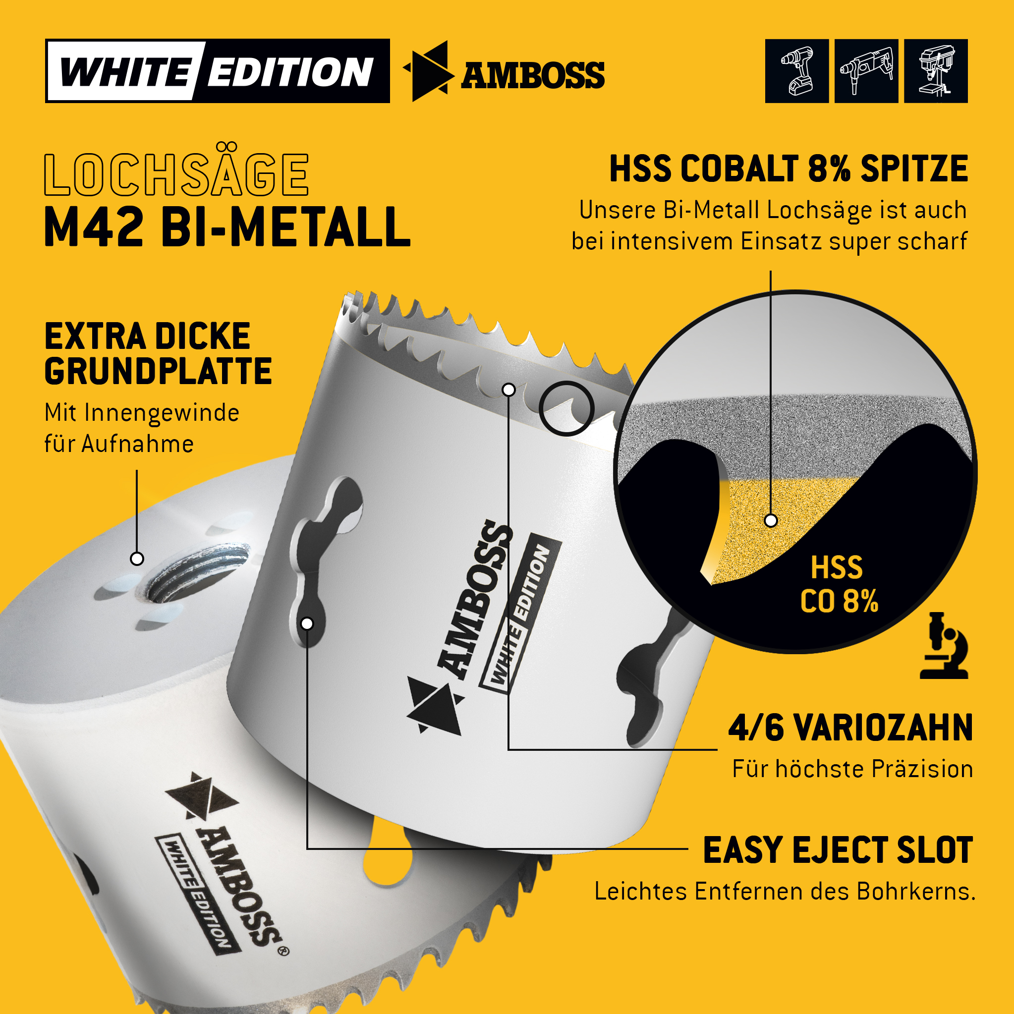 Amboss BiMetall Lochsägen Set White Edition 17 - M42 Power Set 17tlg. Ø20 bis 83 mm