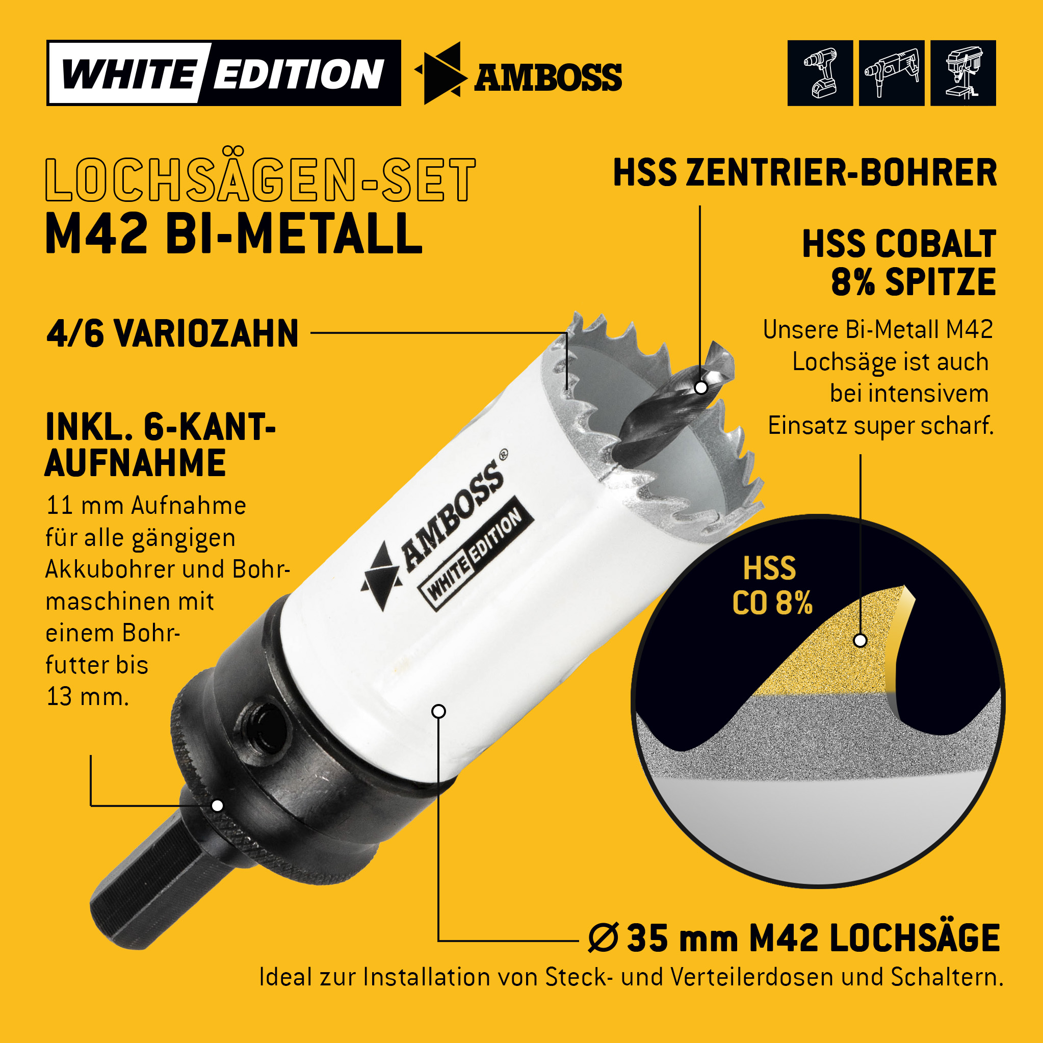 AMBOSS M42 Bimetall Lochsäge 35mm + Aufnahme