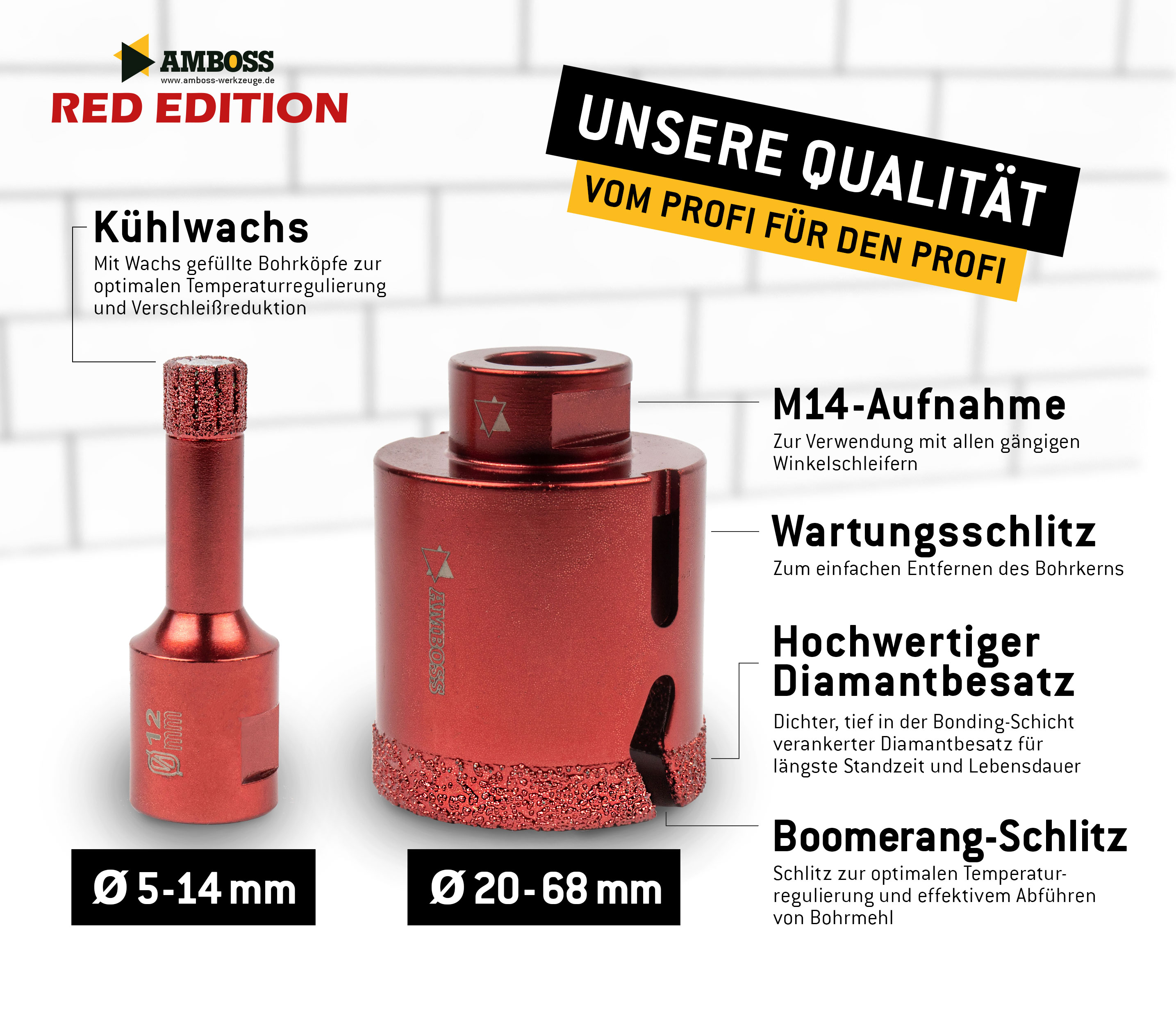 Amboss Red Edition 14 Diamant Bohrkronen Set Ø 5-68 mm / Vollfräser 8/10/20 mm