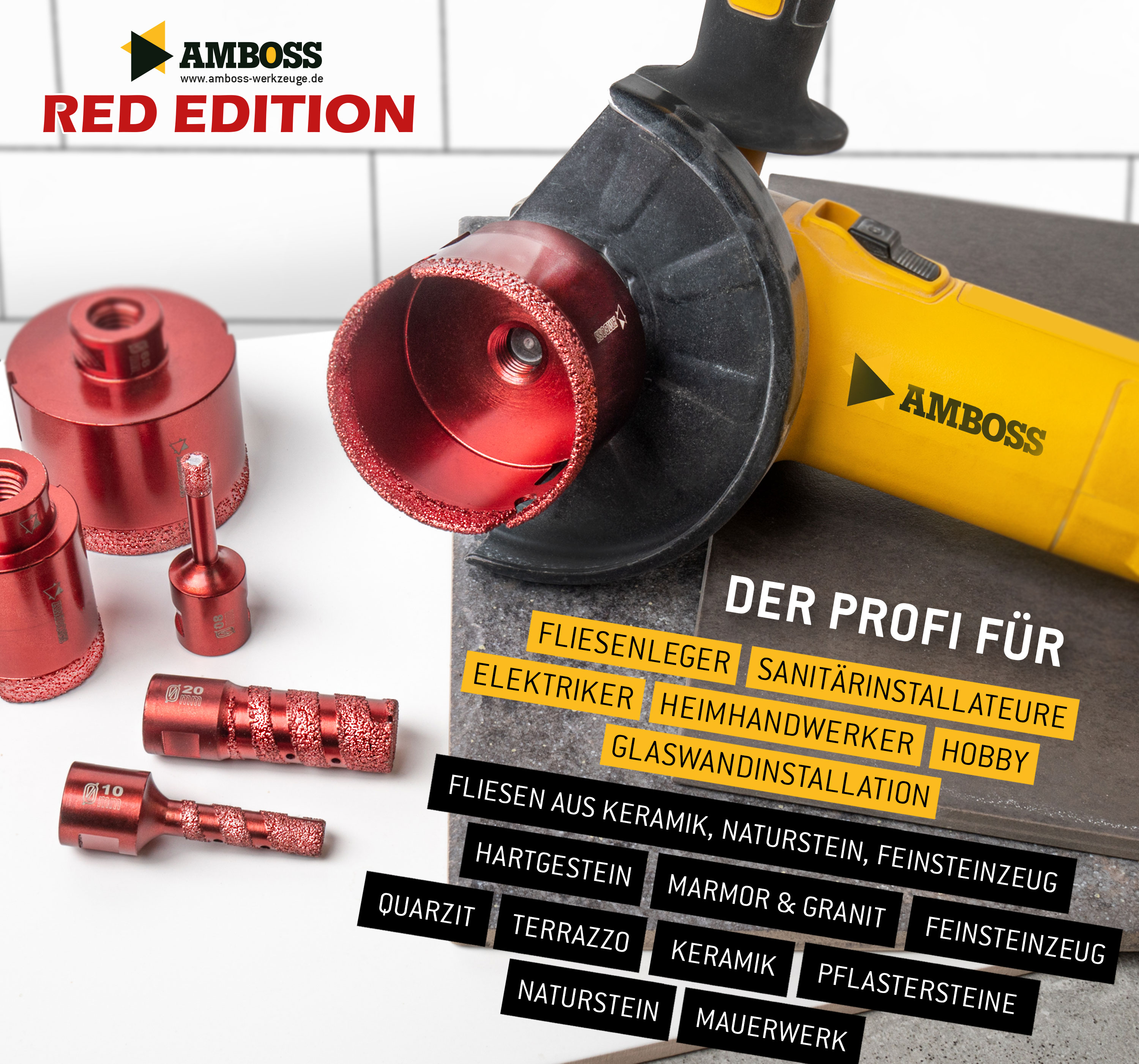 Amboss Red Edition 14 Diamant Bohrkronen Set Ø 5-68 mm / Vollfräser 8/10/20 mm