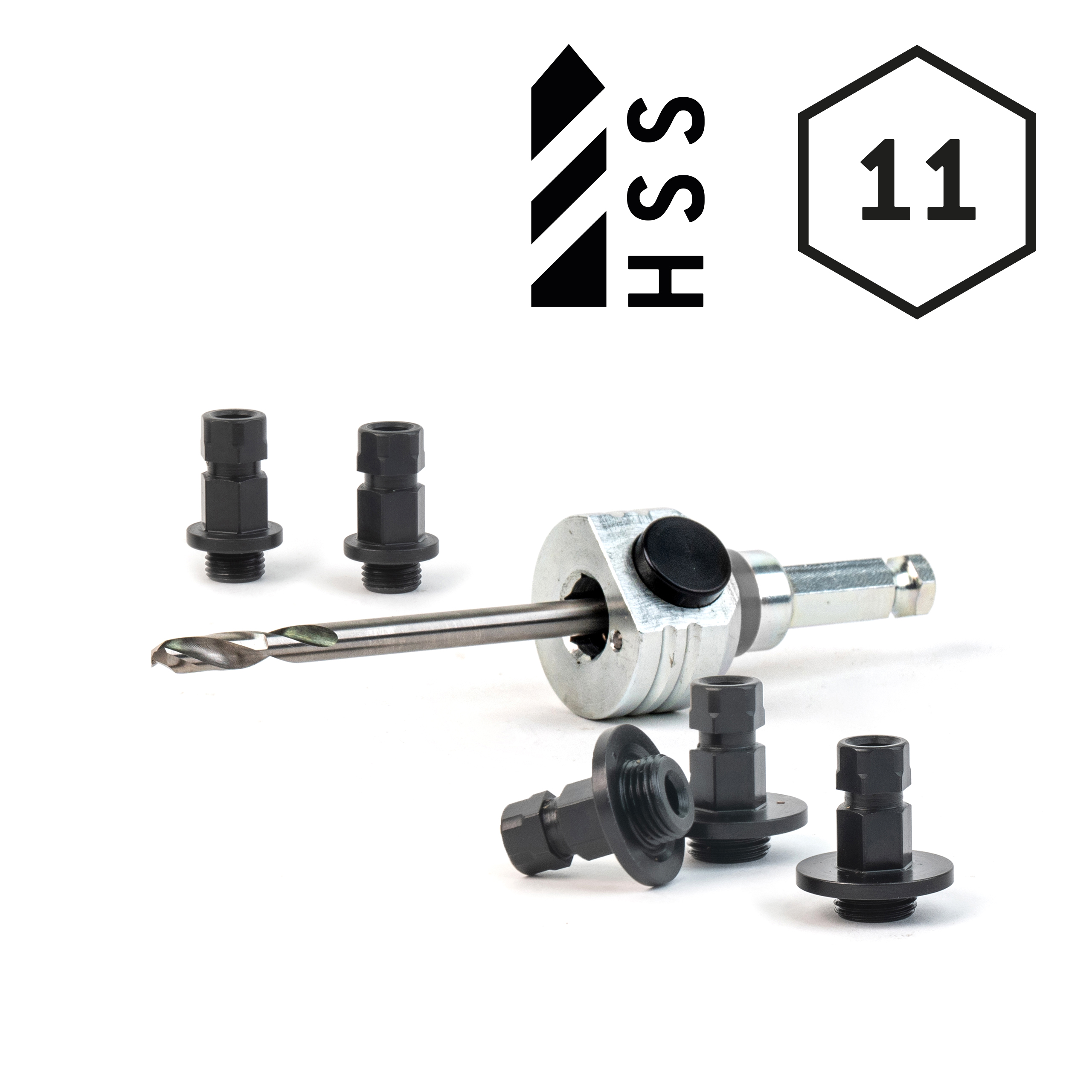 Schnellwechselaufnahme (komplett) 6kant Schaft Ø11 mm-inkl. HSS Zentrierbohrer und Adapter (2x klein / 3x groß)