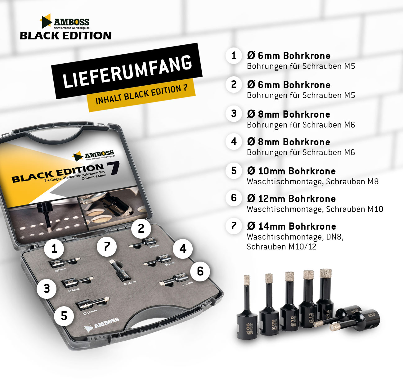 Diamant Bohrkronen Set - Amboss Black Edition 7 - 2x Ø6/8 + 1x Ø10/12/14   7 tlg.