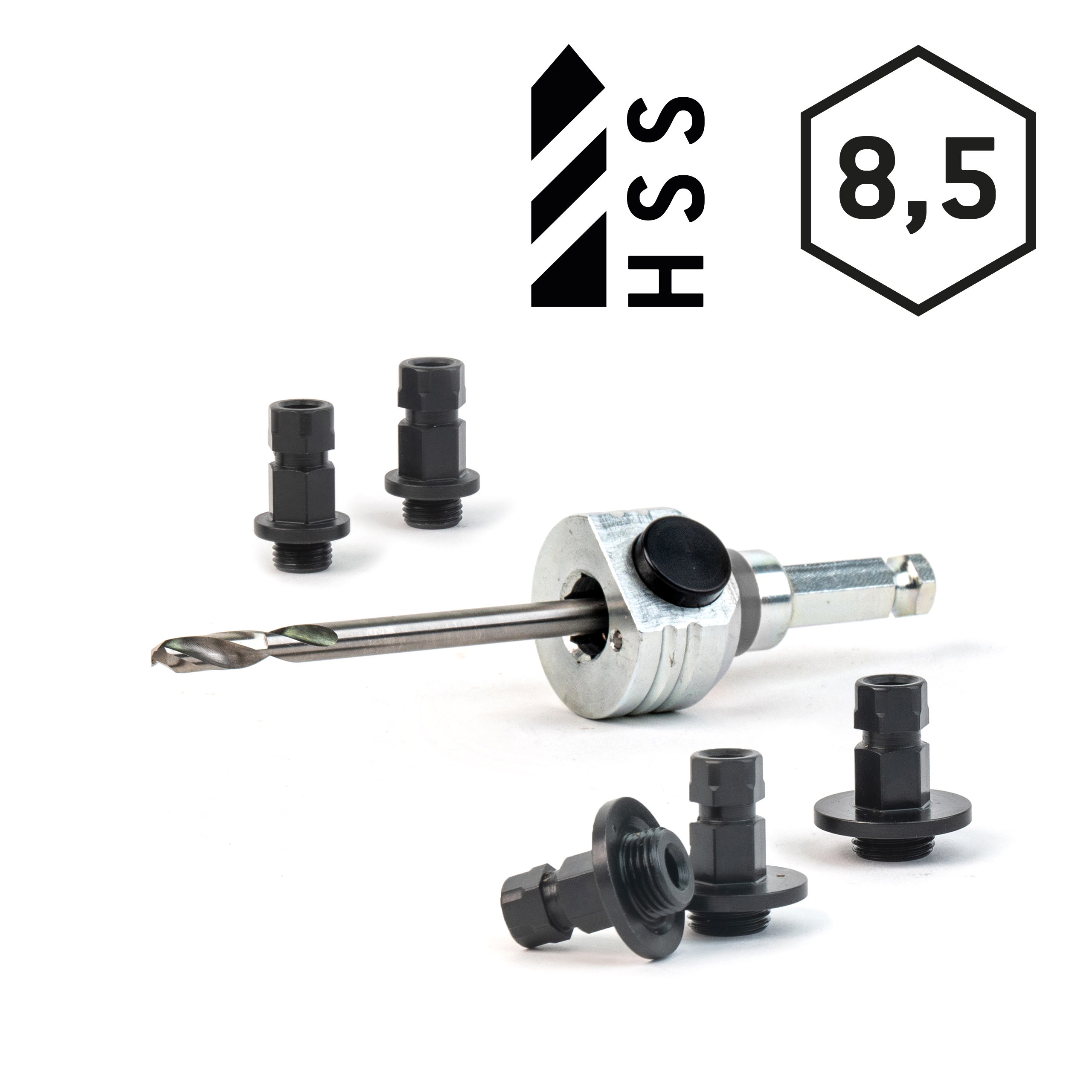 Schnellwechselaufnahme (komplett) 6kant Schaft Ø8,5 mm-inkl. HSS Zentrierbohrer und Adapter (2x klein / 3x groß)