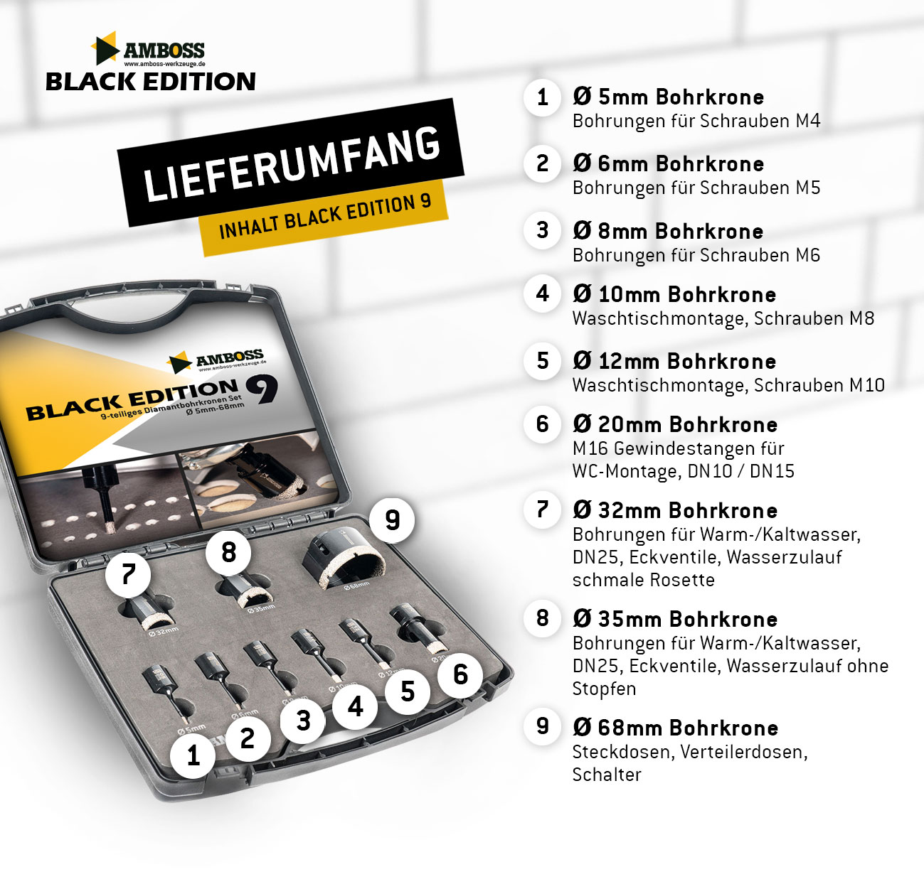 Diamant Bohrkronen Set - Amboss Black Edition 9 - Ø 5/6/8/10/12/20/32/35/68 9 tlg.