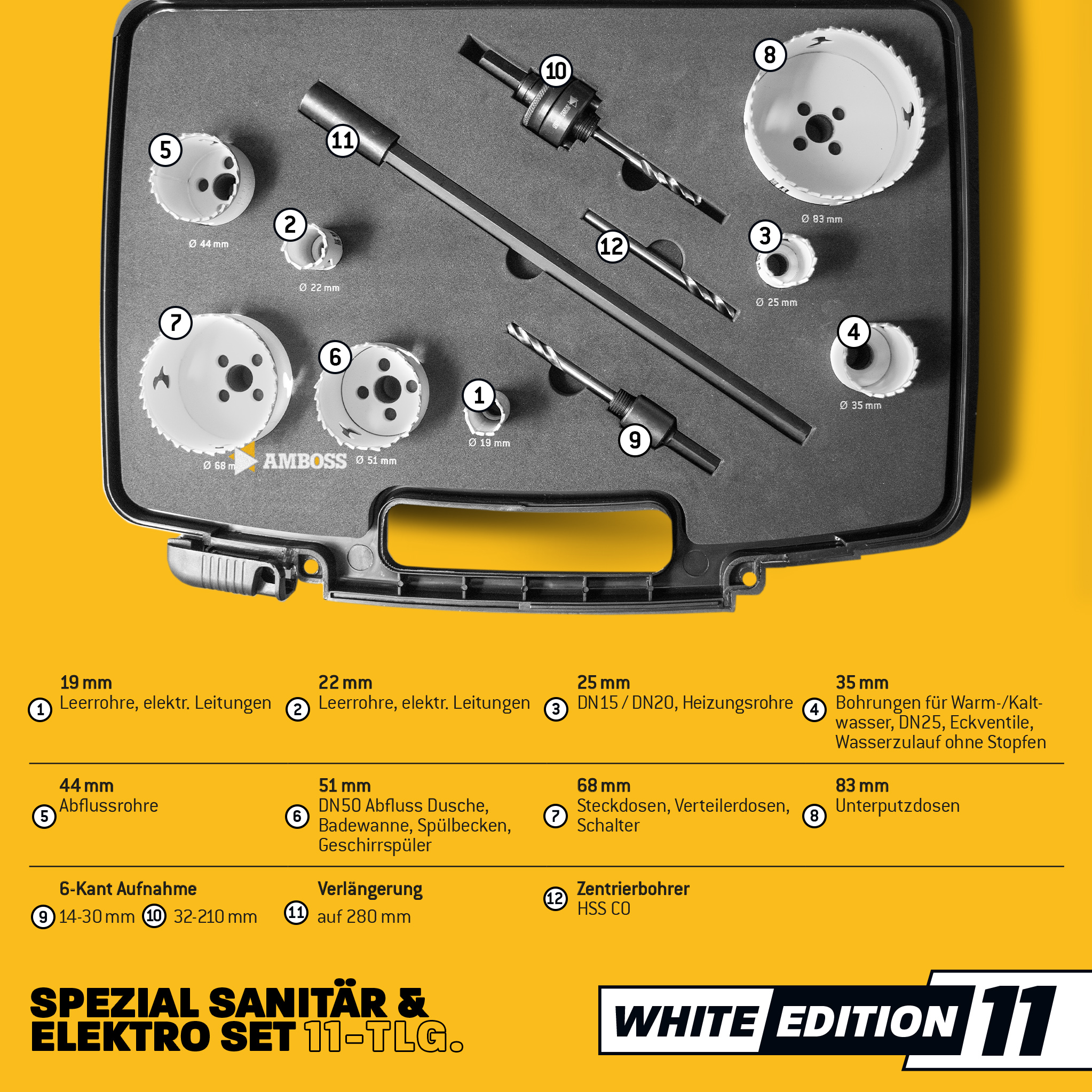 Amboss M42 BiMetall Lochsägen Set White Edition 11 - 10tlg. Ø19 bis 83 mm