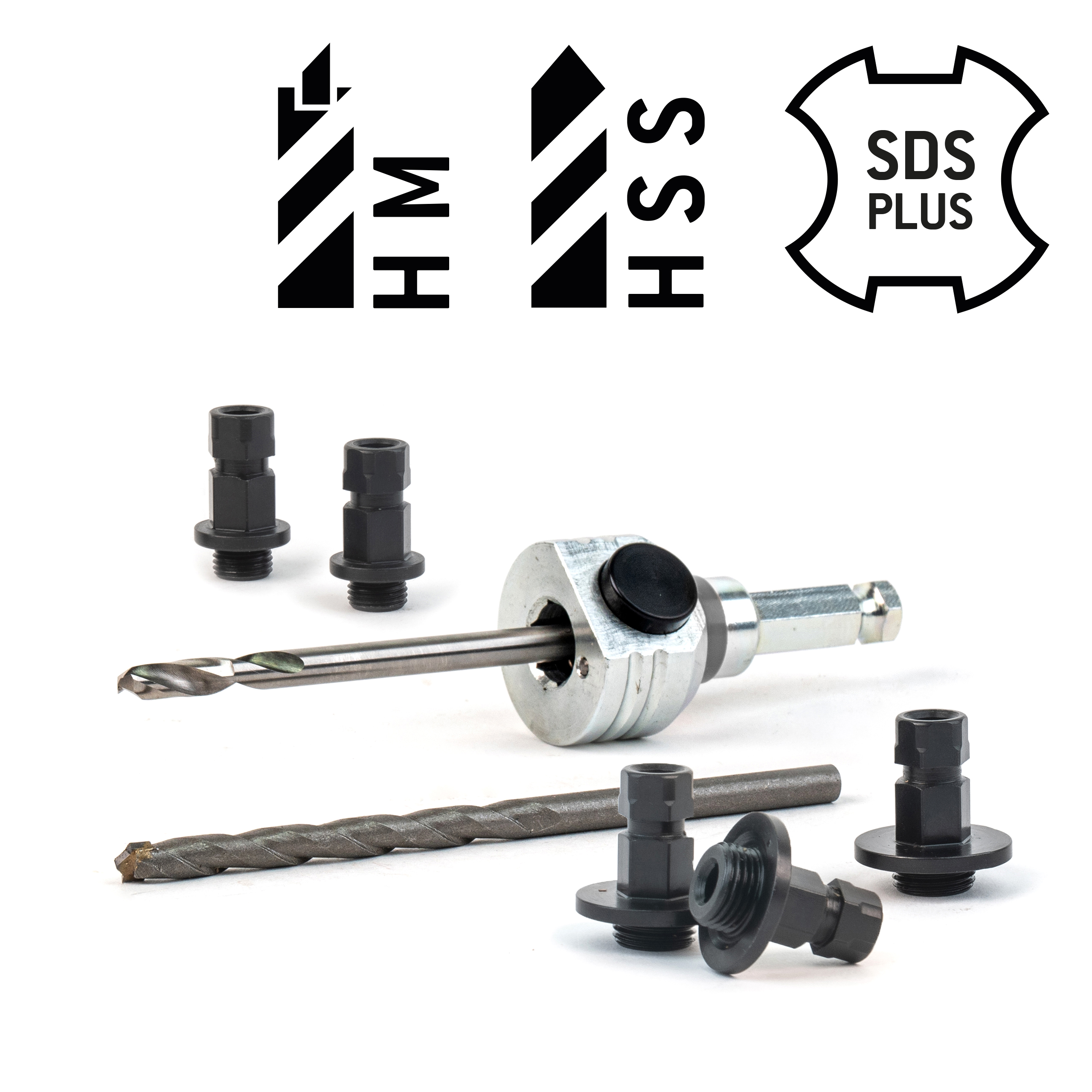 Schnellwechselaufnahme (komplett) SDS Plus-inkl. HSS und HM Zentrierbohrer und Adapter (2x klein / 3x groß)