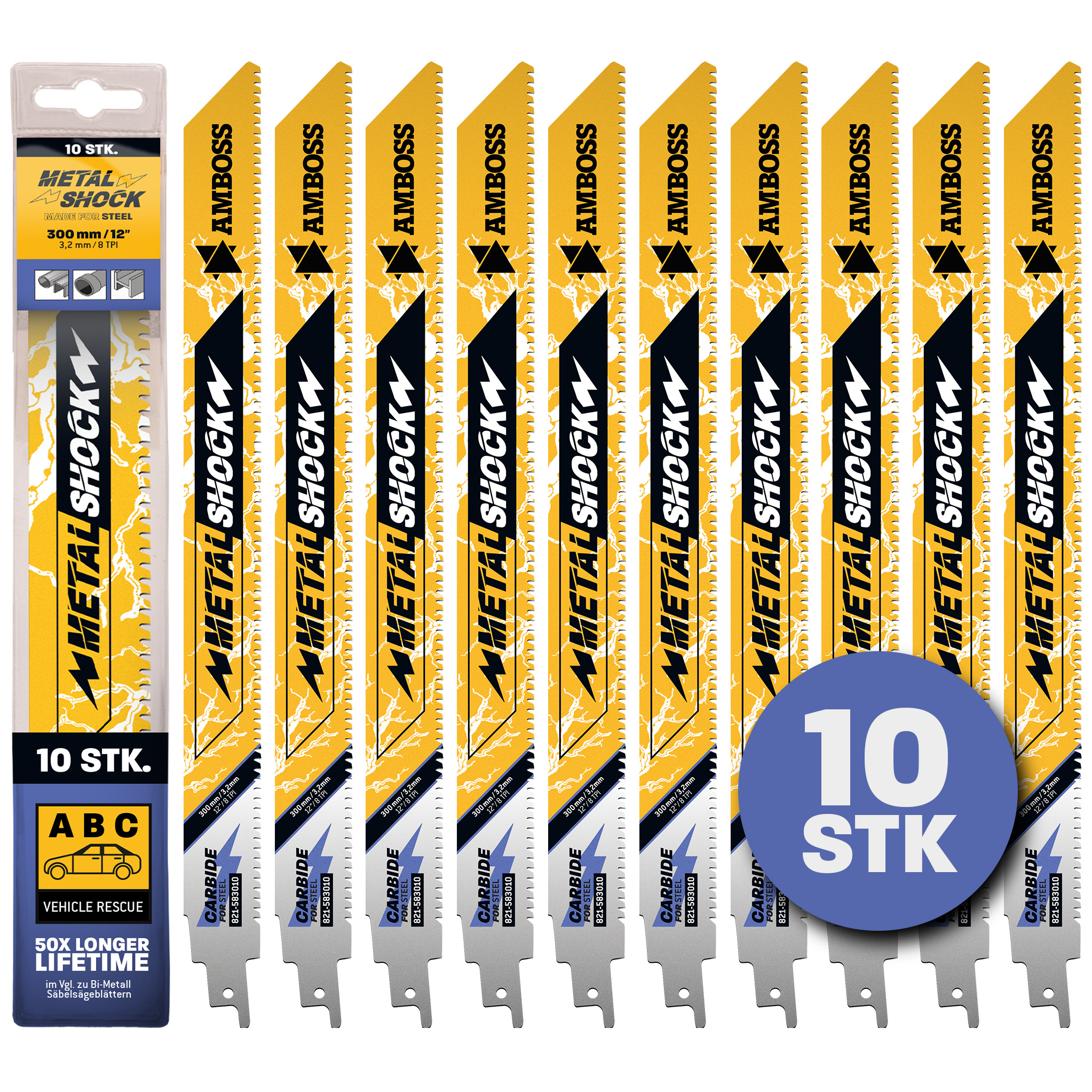 10x Amboss Metal Shock Säbelsägeblatt Länge 300 mm