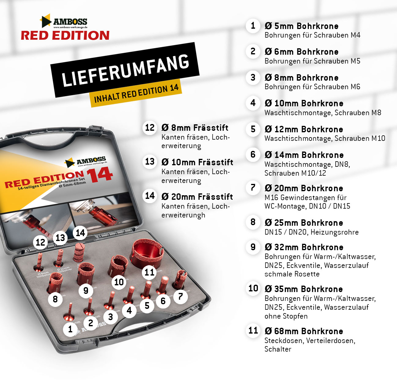 Amboss Red Edition 14 Diamant Bohrkronen Set Ø 5-68 mm / Vollfräser 8/10/20 mm