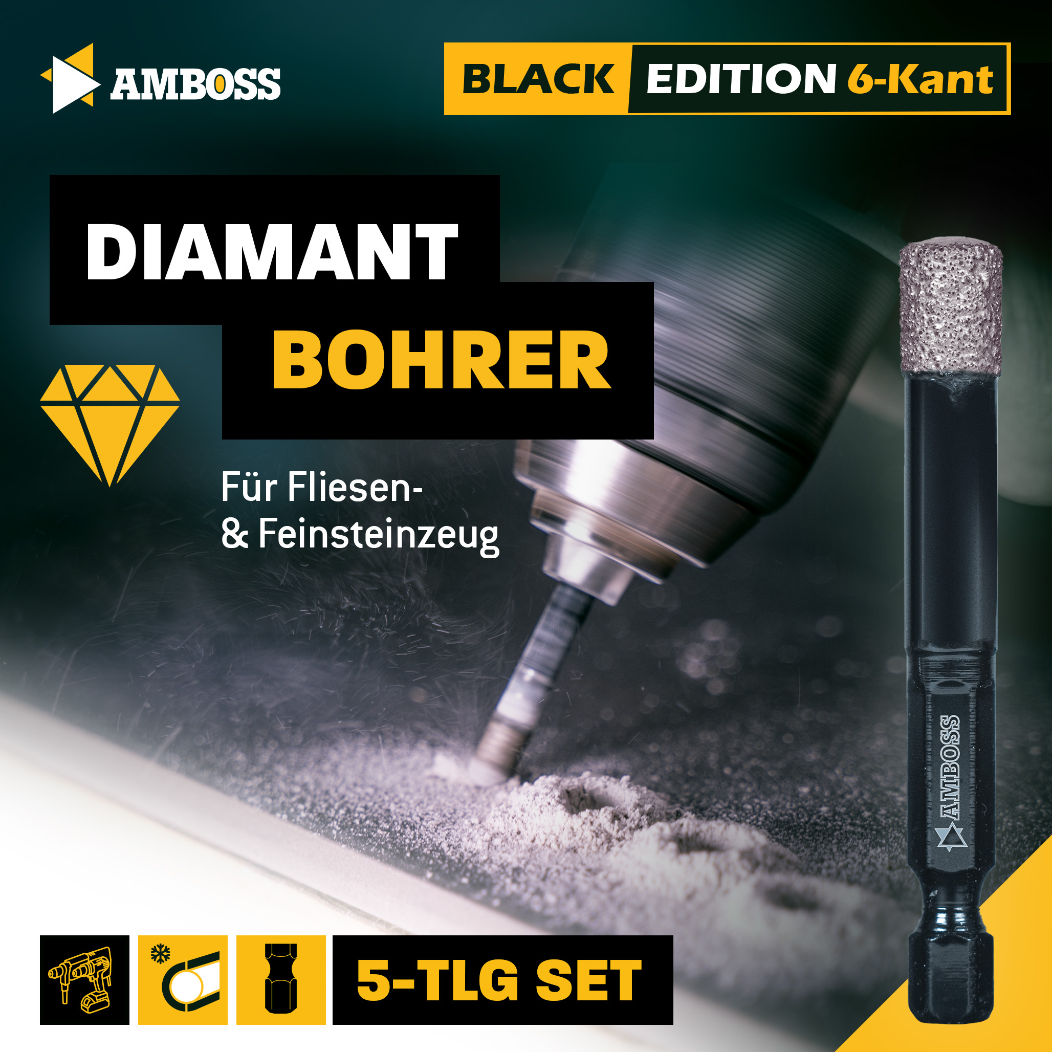Amboss Black - Diamant Bohrer für Fliesen. Feinsteinzeug (6kant) - Set 5-12 mm