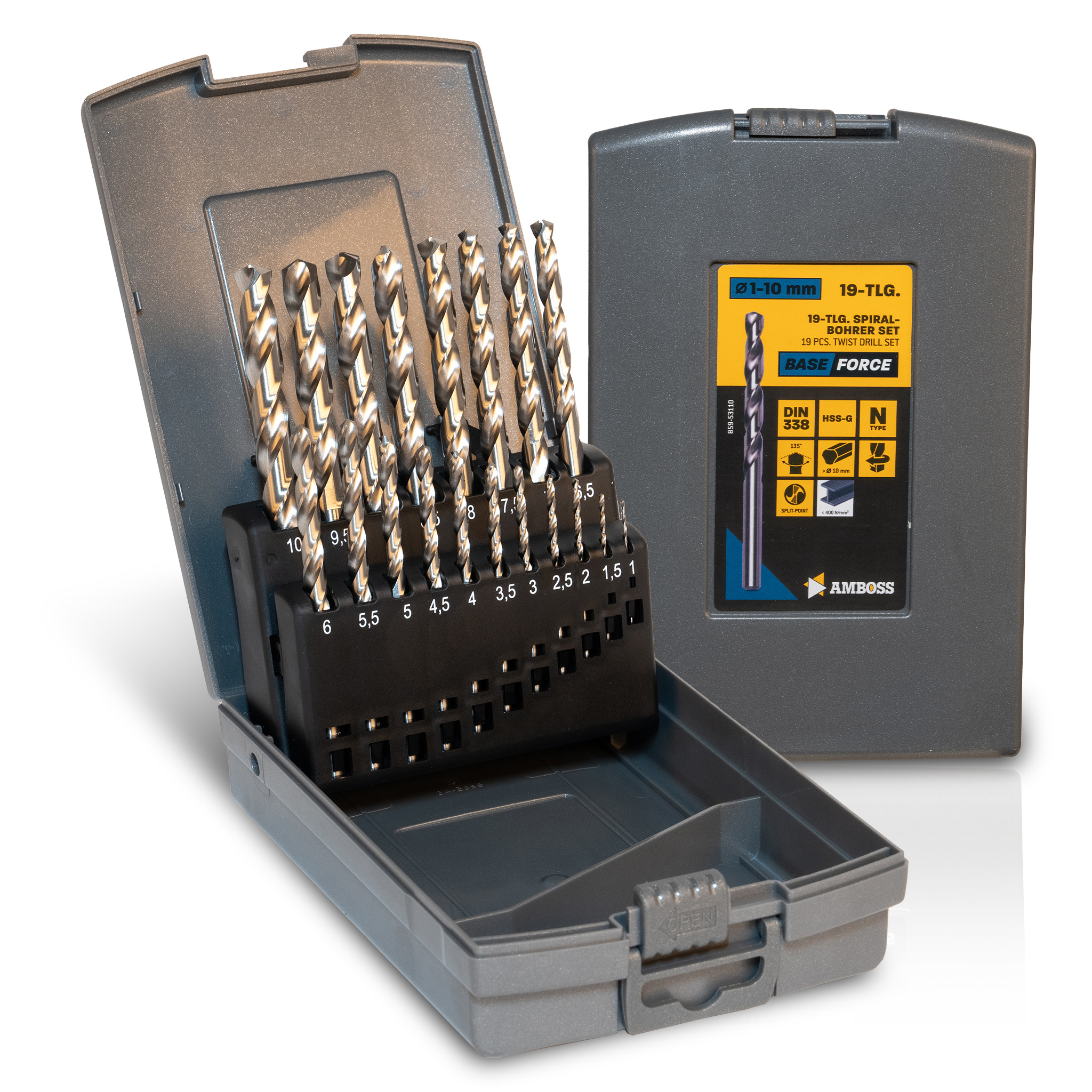 19-tlg. Base Force Set Spiralbohrer HSS-G DIN 338 (Ø 1-10 mm)