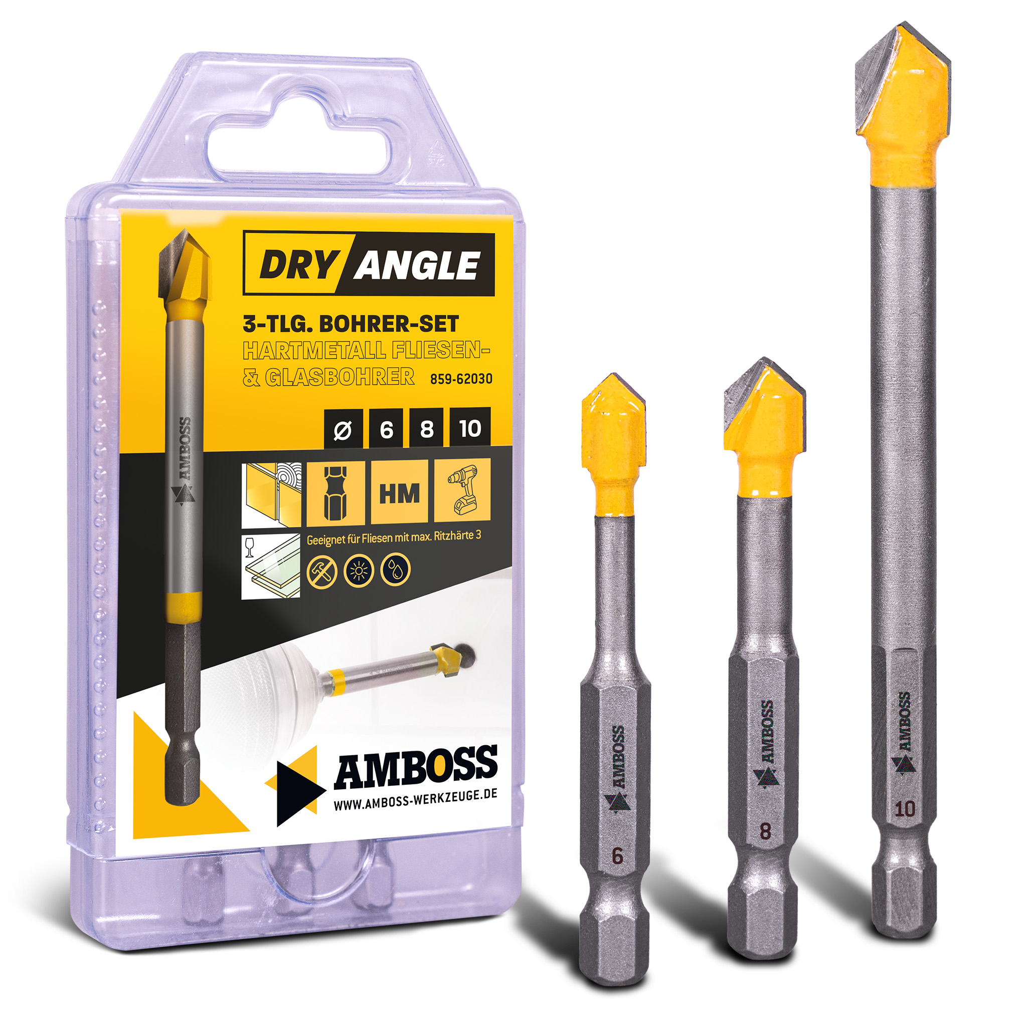Amboss Fliesen und Glas Bohrer HM Dry Angle Set - 6 / 8 / 10 mm