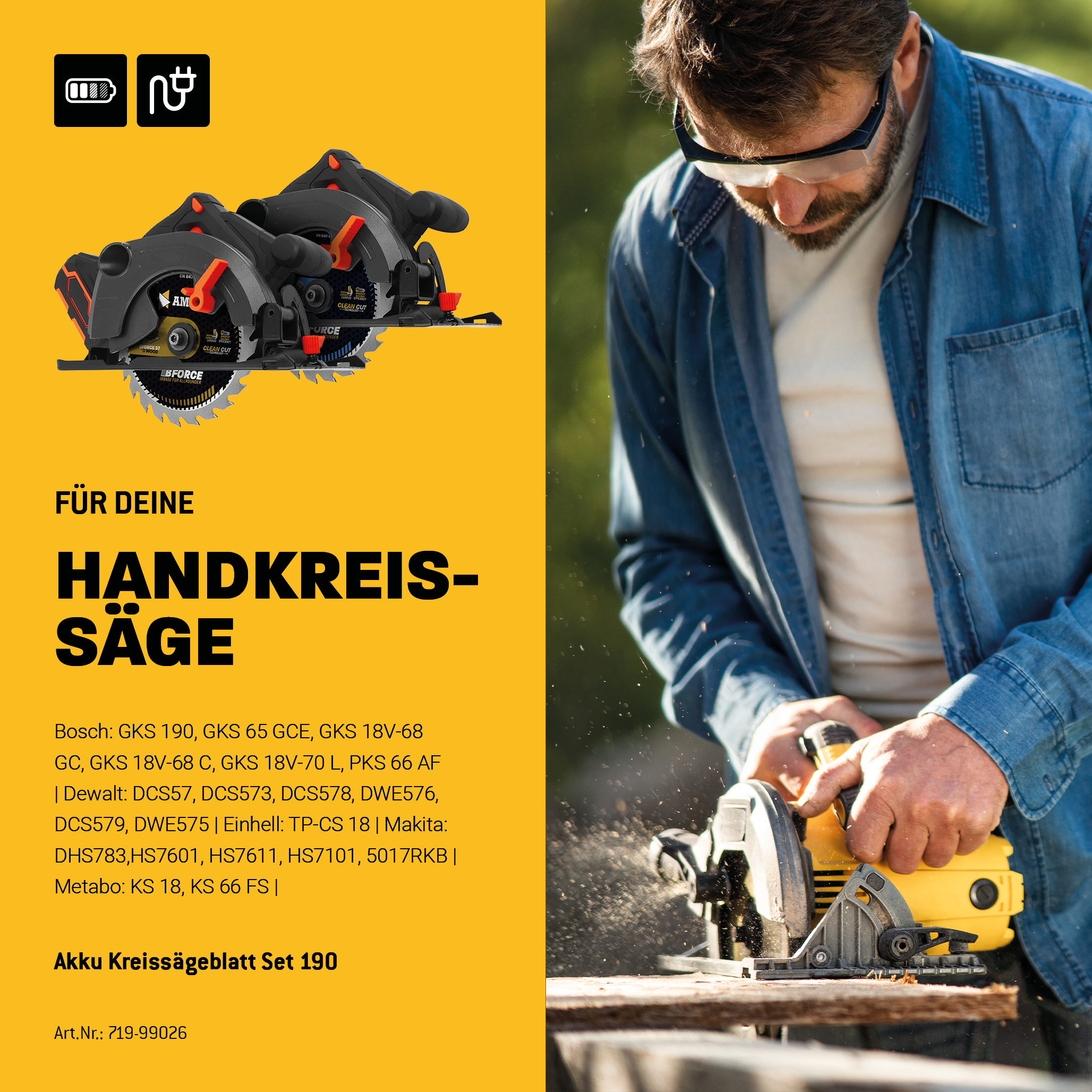 Ø190 Akku Hand- Kreissägeblatt Set passend für Metabo KS 18, Makita DHS783, Einhell TP-CS 18, DeWalt DCS57