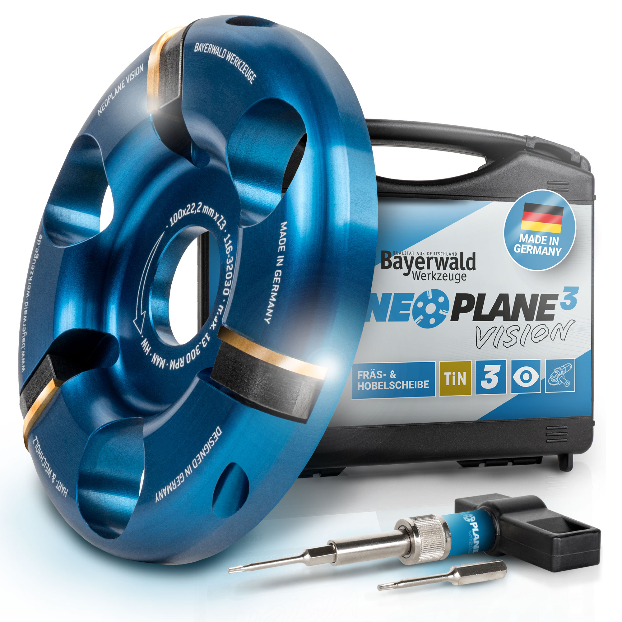 NeoPlane Frässcheibe für Winkelschleifer Ø 100 mm x 22,2 mm mit 3 HM Messern im Koffer