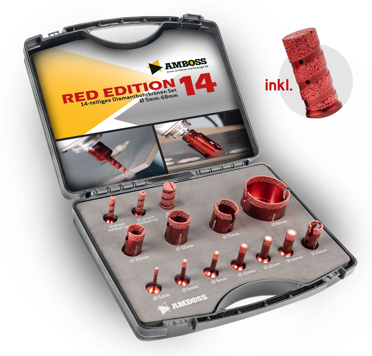 Amboss Red Edition 14 Diamant Bohrkronen Set Ø 5-68 mm / Vollfräser 8/10/20 mm