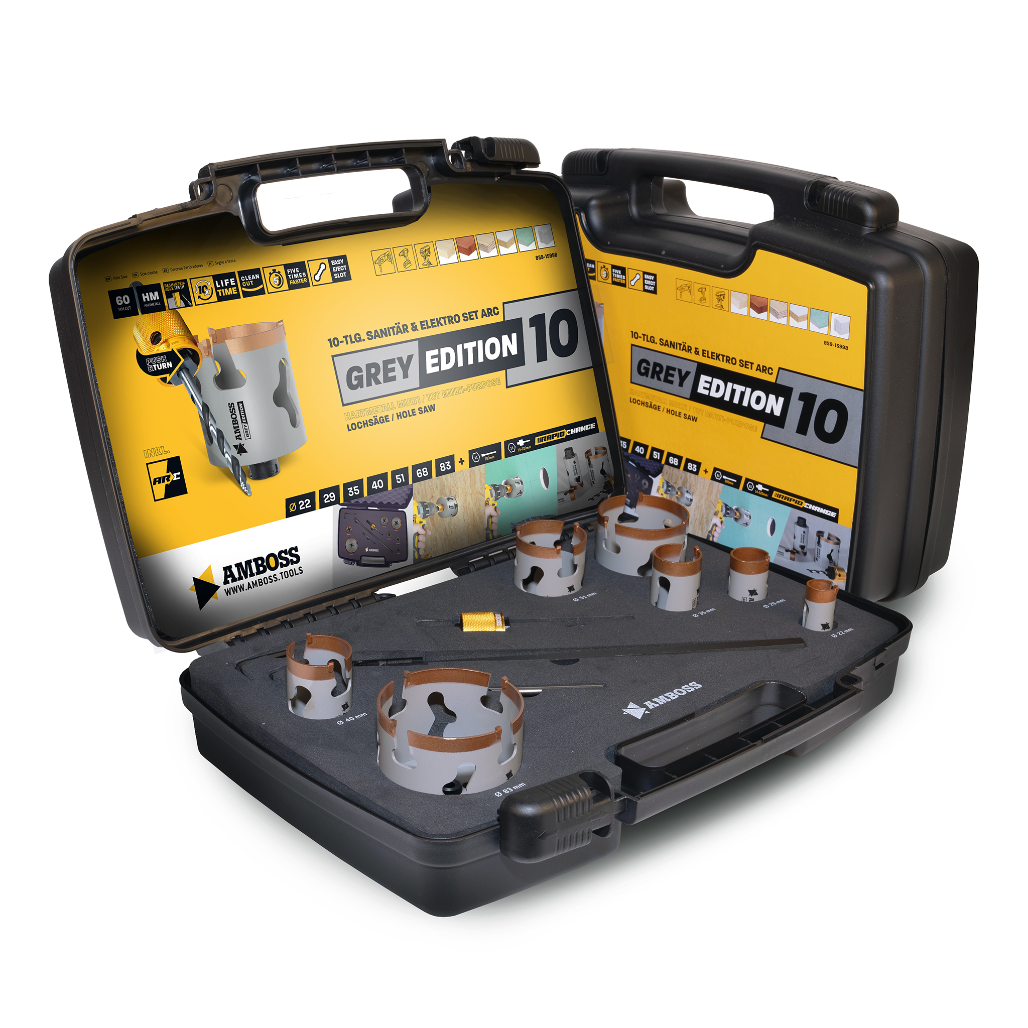 AMBOSS HM Grey Edition Rapid Change Lochsägen Set 22-83mm + Schnellwechselaufnahme + Verlängerung