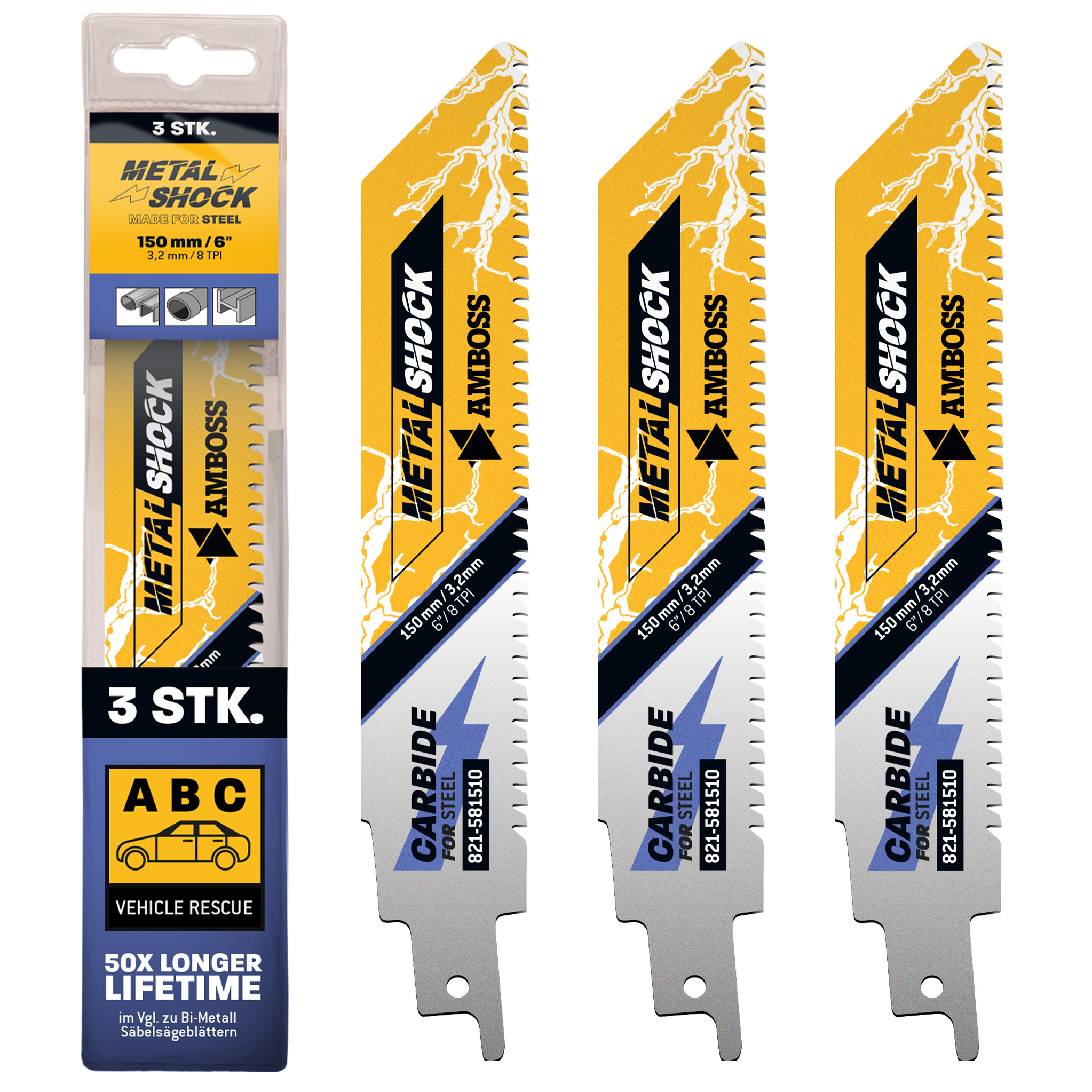 3x Amboss Metal Shock Säbelsägeblatt Länge 150 mm