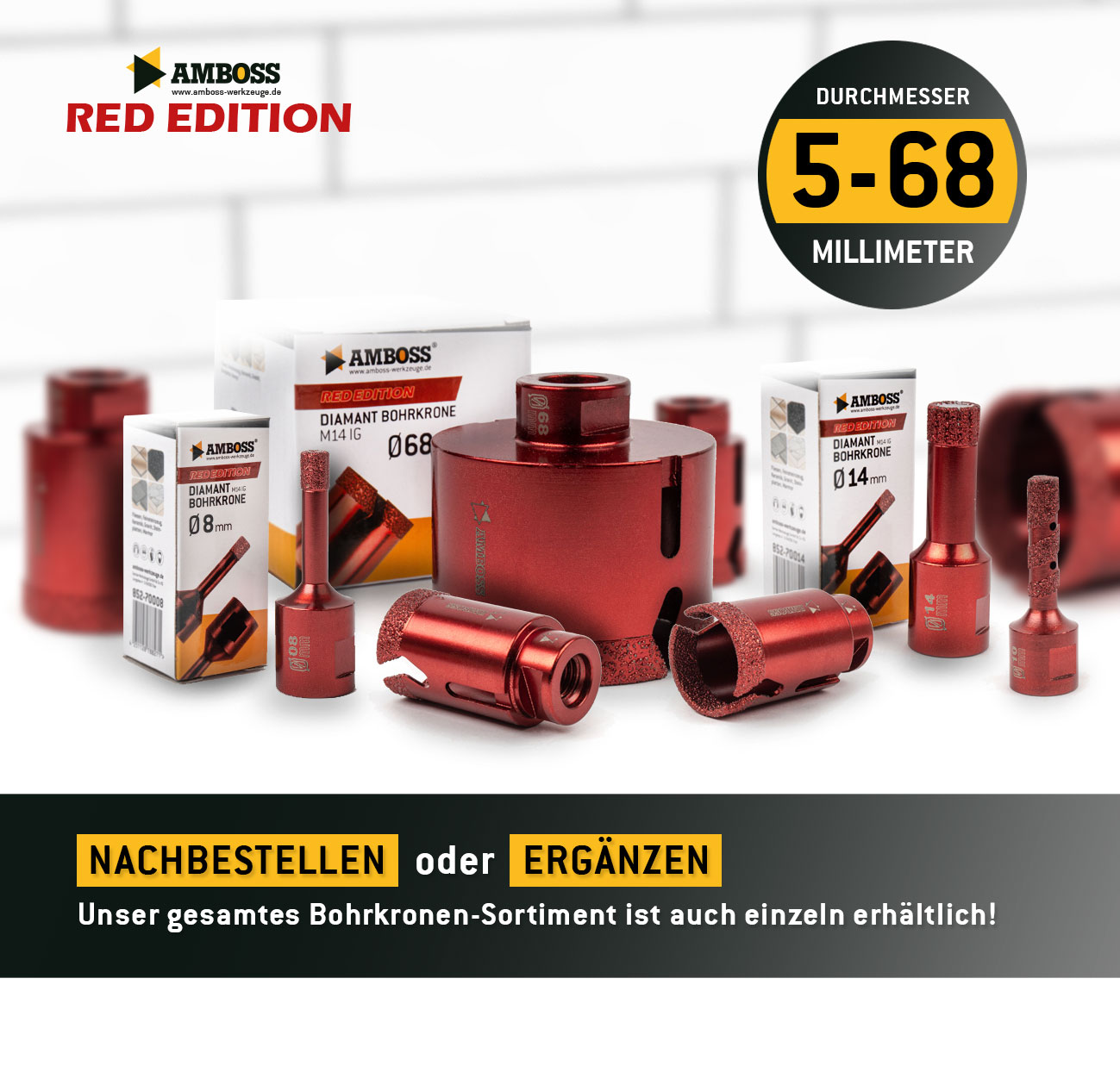 Amboss Red Edition 14 Diamant Bohrkronen Set Ø 5-68 mm / Vollfräser 8/10/20 mm