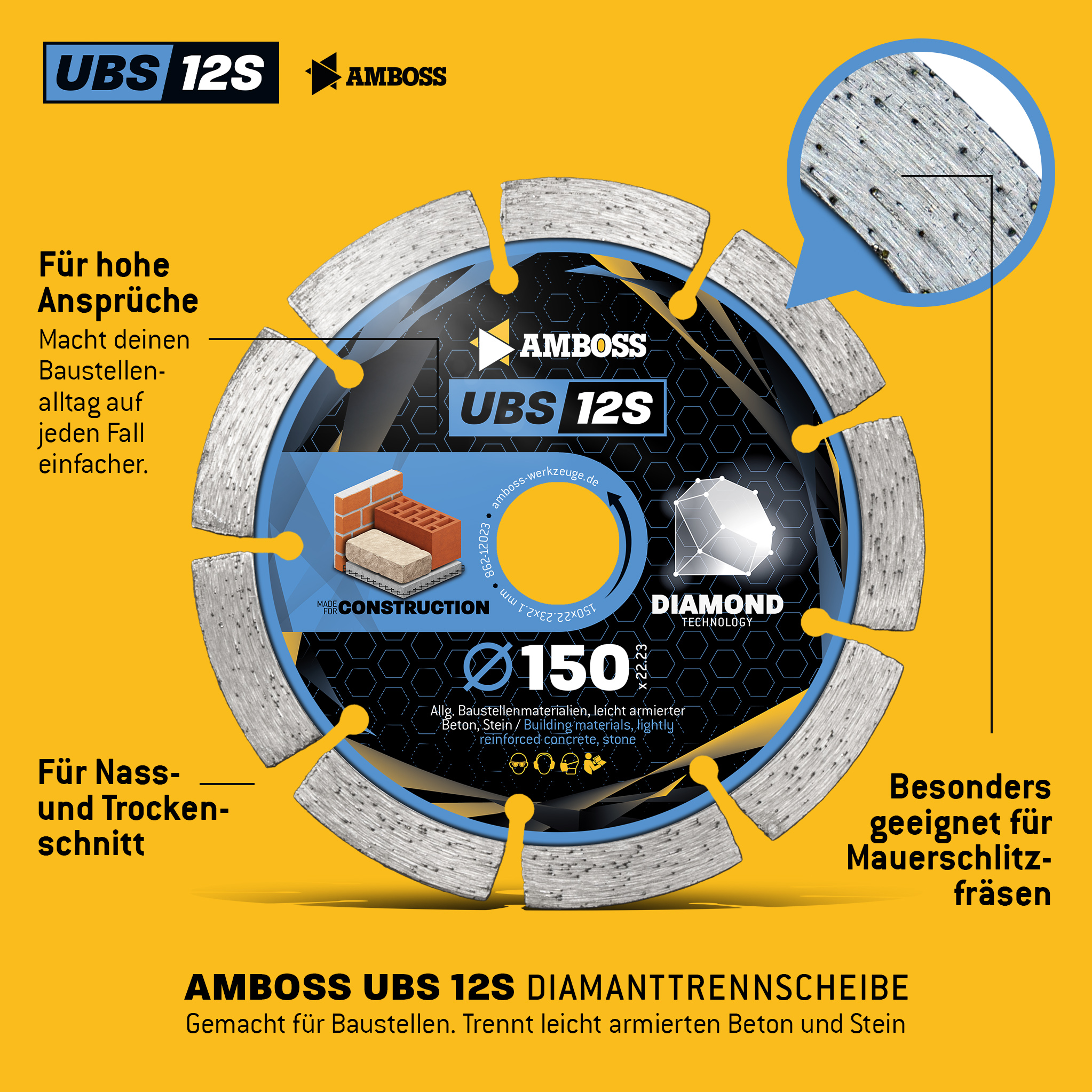 Amboss UBS 12S Diamant Trennscheiben Set für Mauerschlitzfräse (2 Stück) - 150 x 2.4 x 22.2