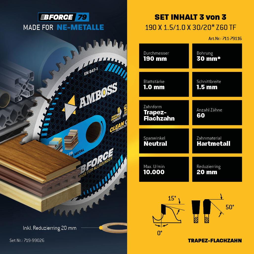 Ø190 Akku Hand- Kreissägeblatt Set passend für Metabo KS 18, Makita DHS783, Einhell TP-CS 18, DeWalt DCS57