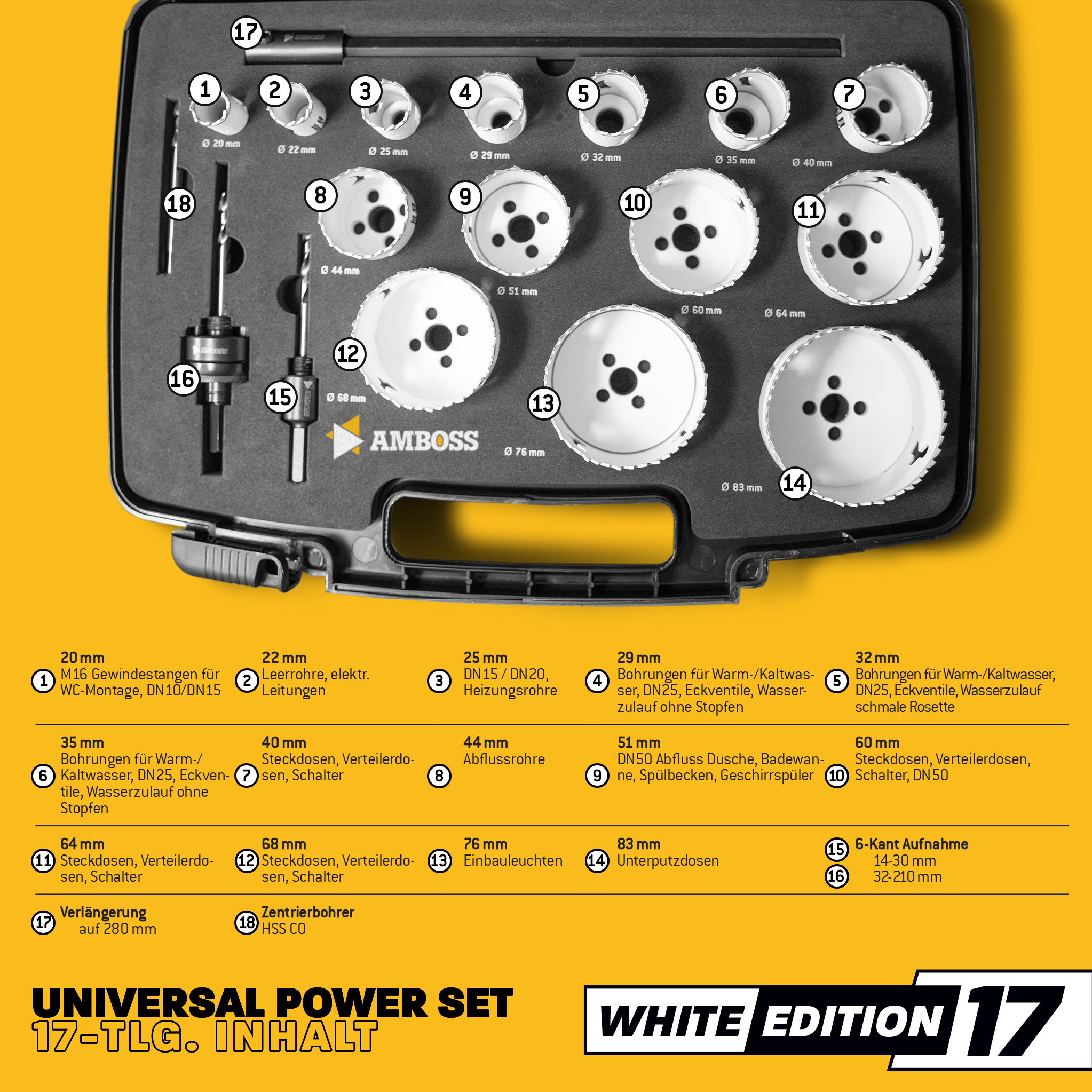 Amboss BiMetall Lochsägen Set White Edition 17 - M42 Power Set 17tlg. Ø20 bis 83 mm