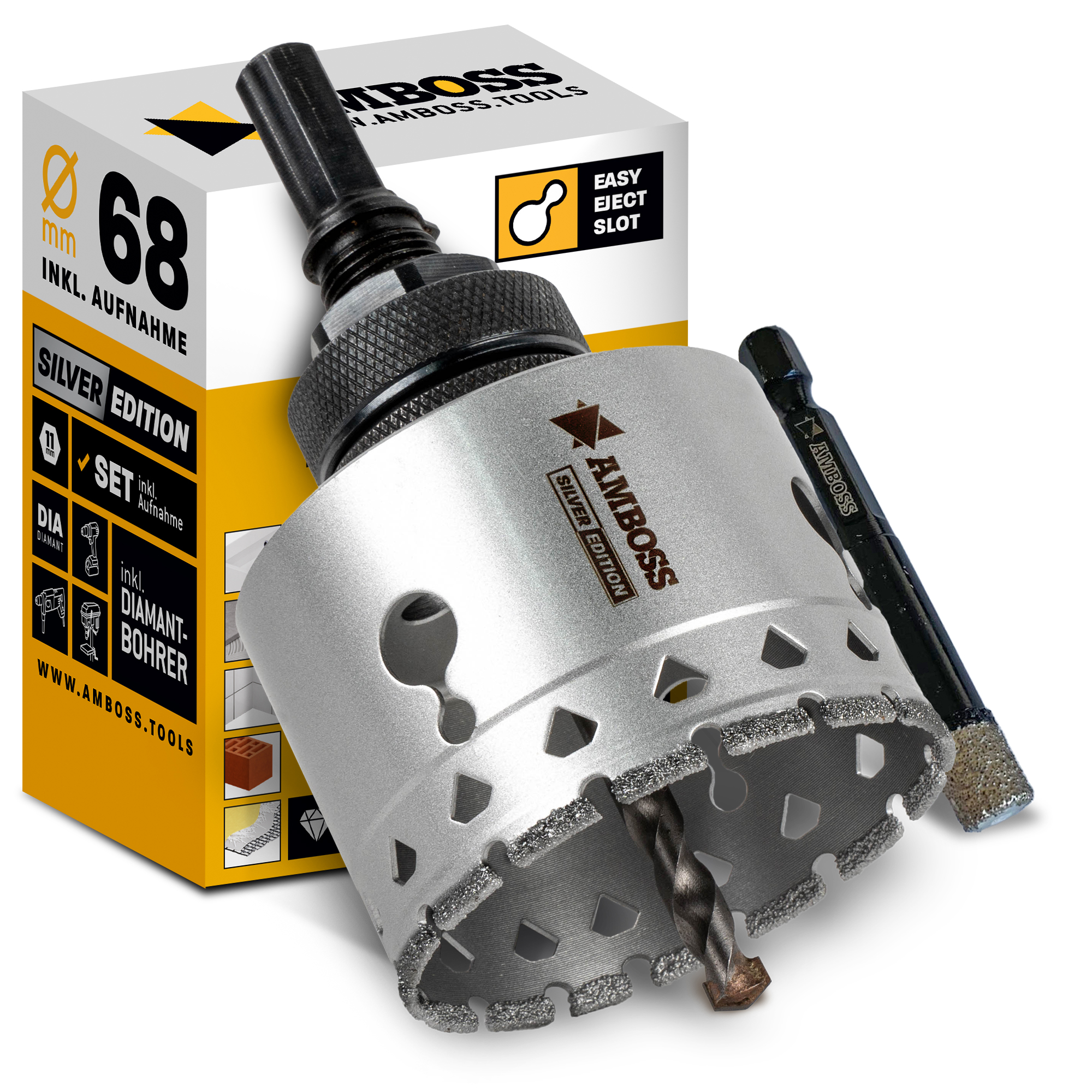 Set Silver Edition Diamant Lochsäge 68mm + Aufnahme + 7mm Diamant Bohrer