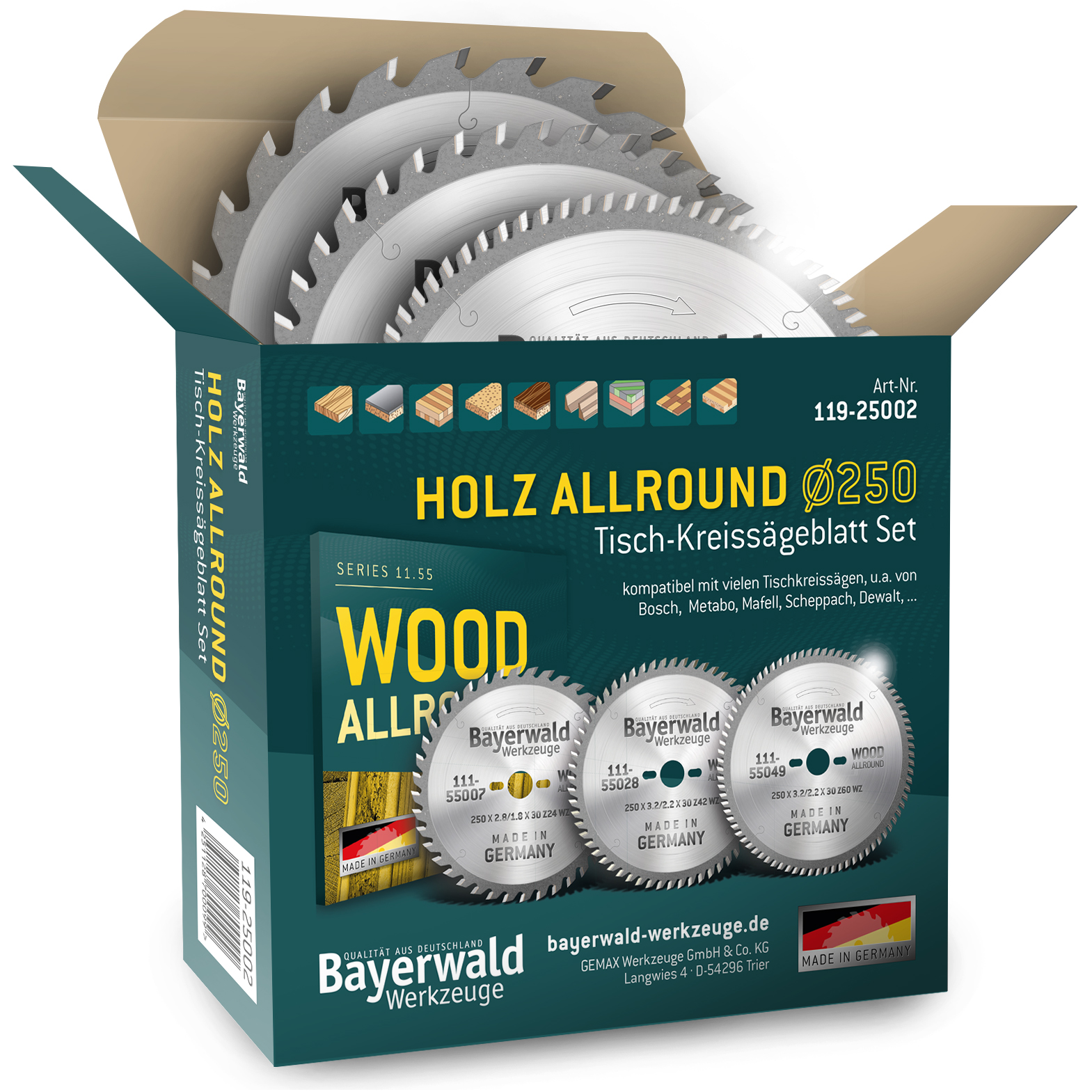 HOLZ ALLROUND Ø250 Tisch-Kreissägeblatt Set