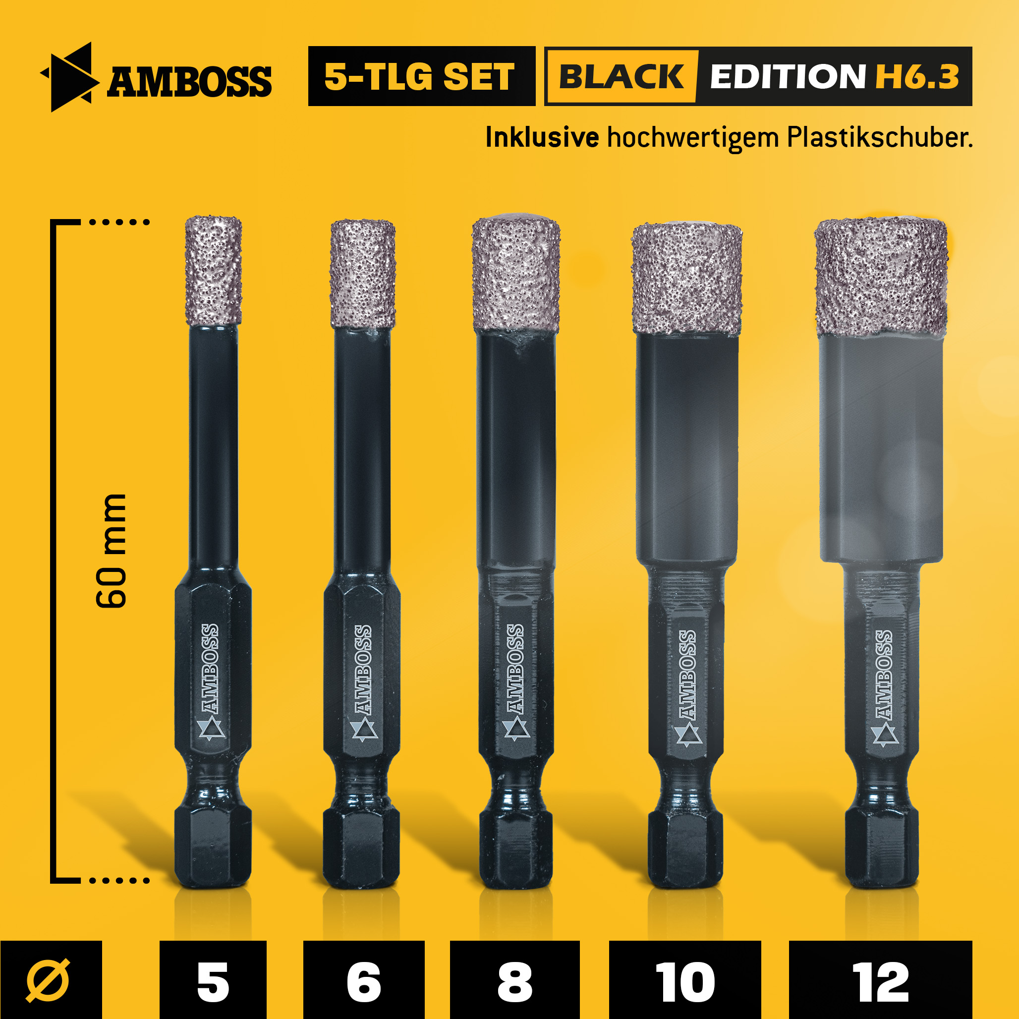 Amboss Black - Diamant Bohrer für Fliesen. Feinsteinzeug (6kant) - Set 5-12 mm