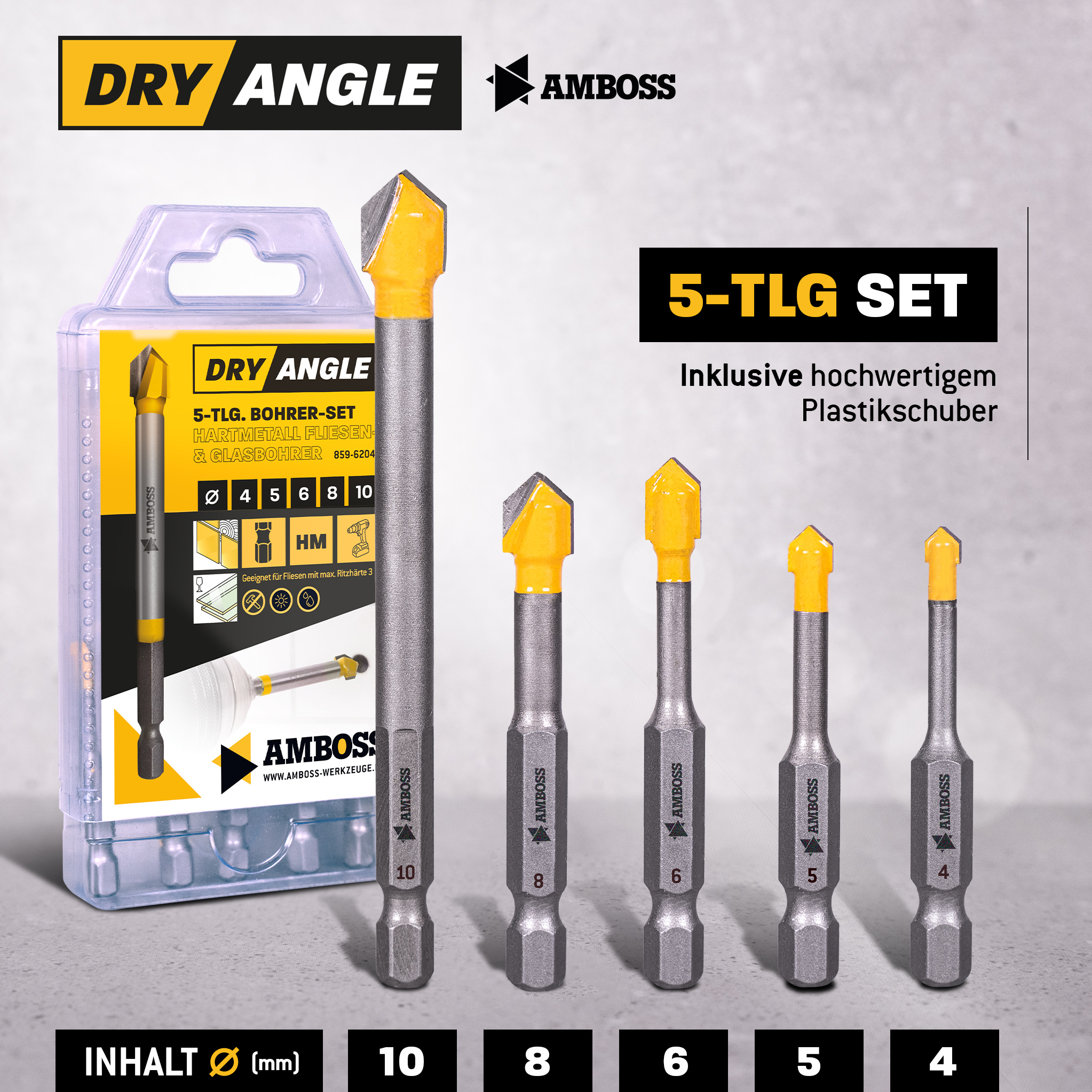 Amboss Fliesen und Glas Bohrer HM Dry Angle Set - 4 / 5 / 6 / 8 / 10 mm