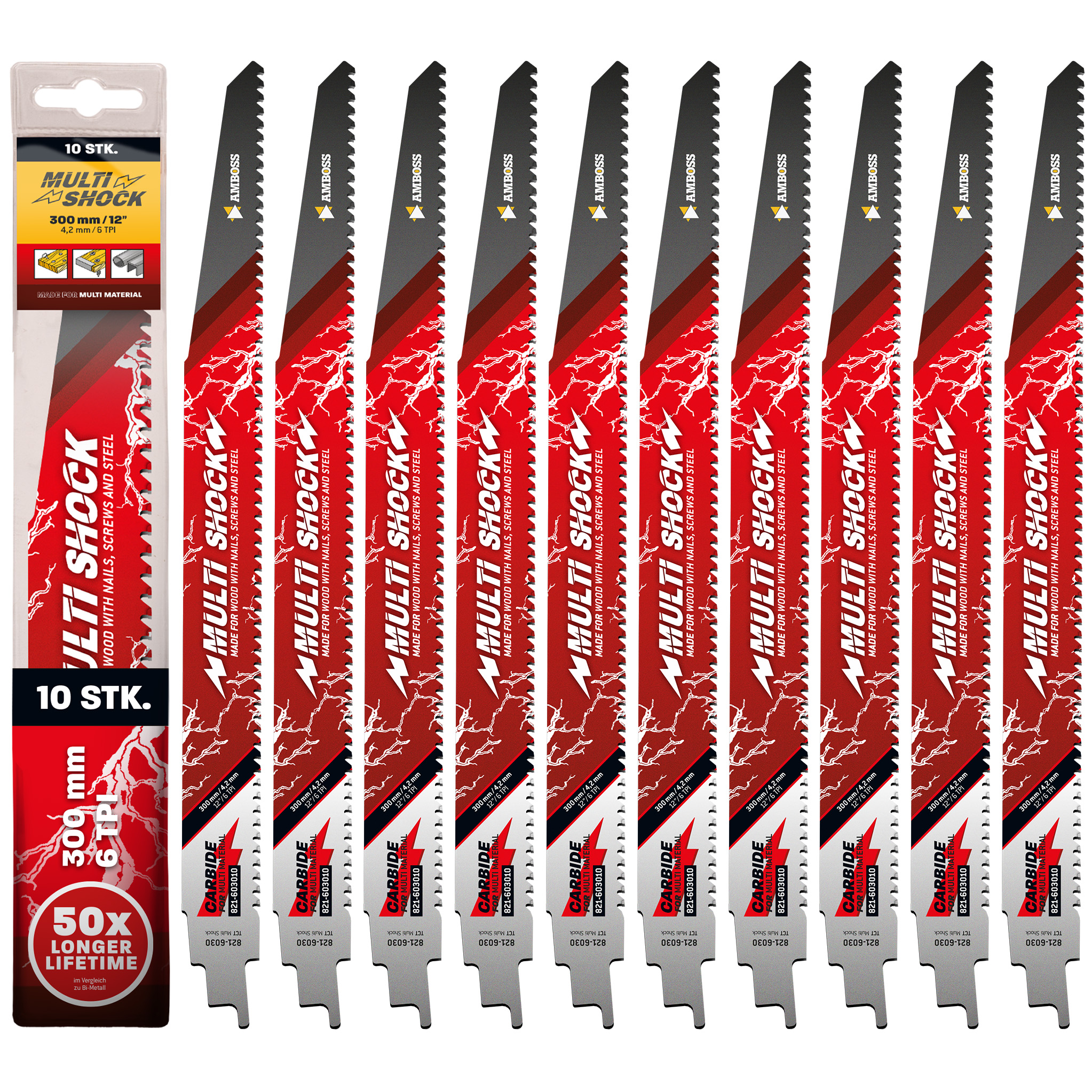 10x Amboss Multi Shock Säbelsägeblatt Länge 300 mm
