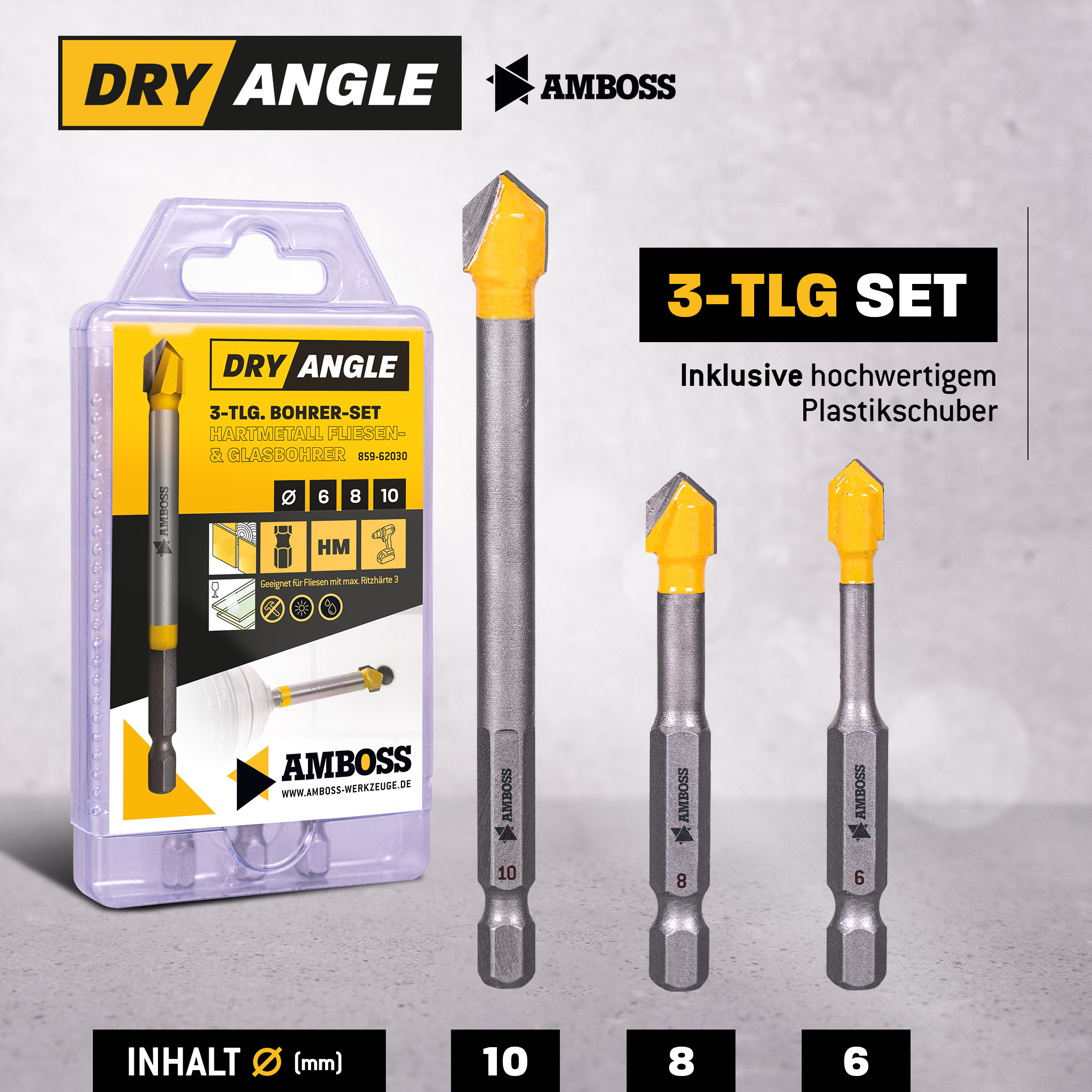 Amboss Fliesen und Glas Bohrer HM Dry Angle Set - 6 / 8 / 10 mm