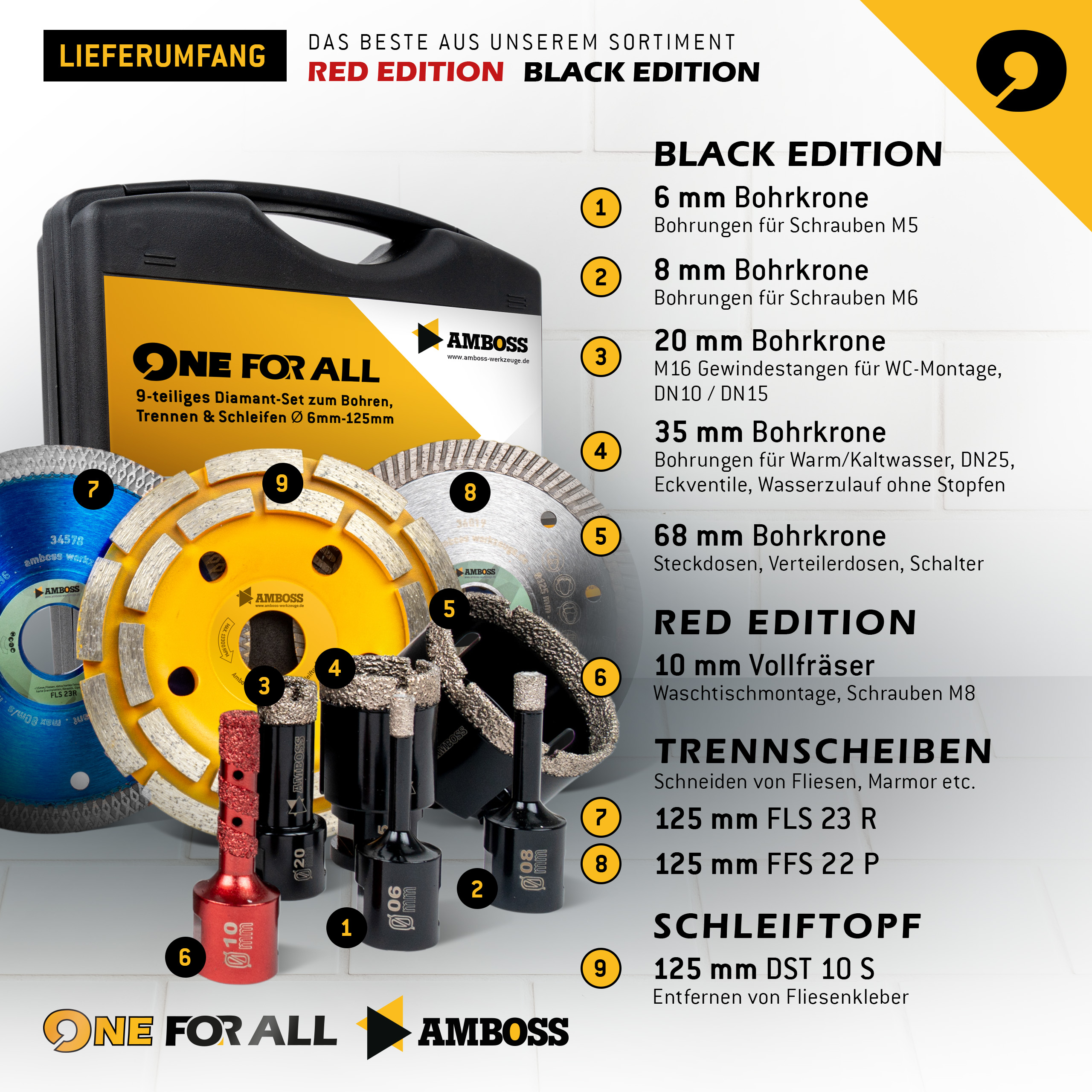 Amboss One For All Set 9 - Diamant-Lochsägen, Diamant-Trennscheiben und Diamant-Schleiftopf Ø 6-125 mm